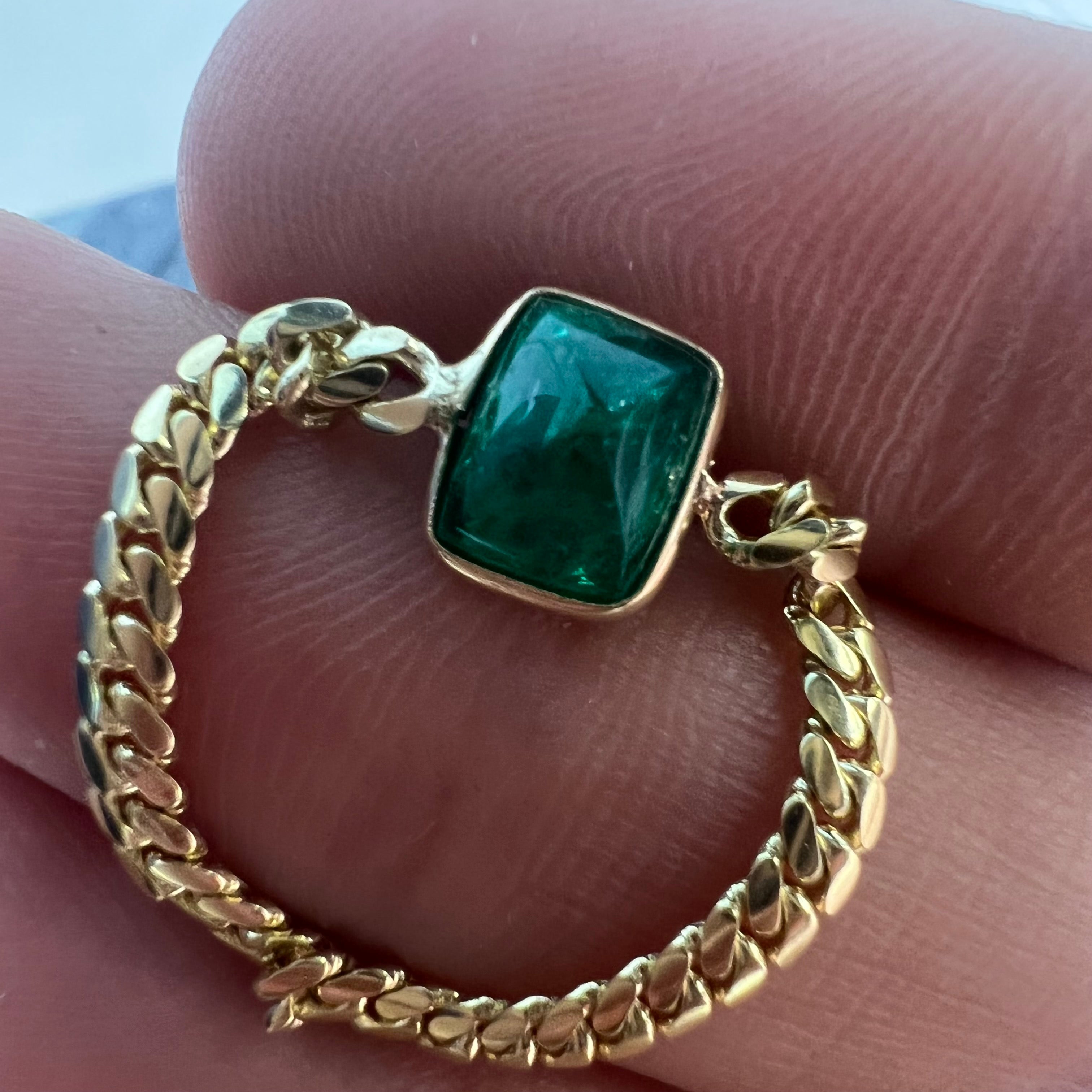 Solid 14K Yellow Gold Square Cabochon Emerald Cuban Chain Ring Size 7.5