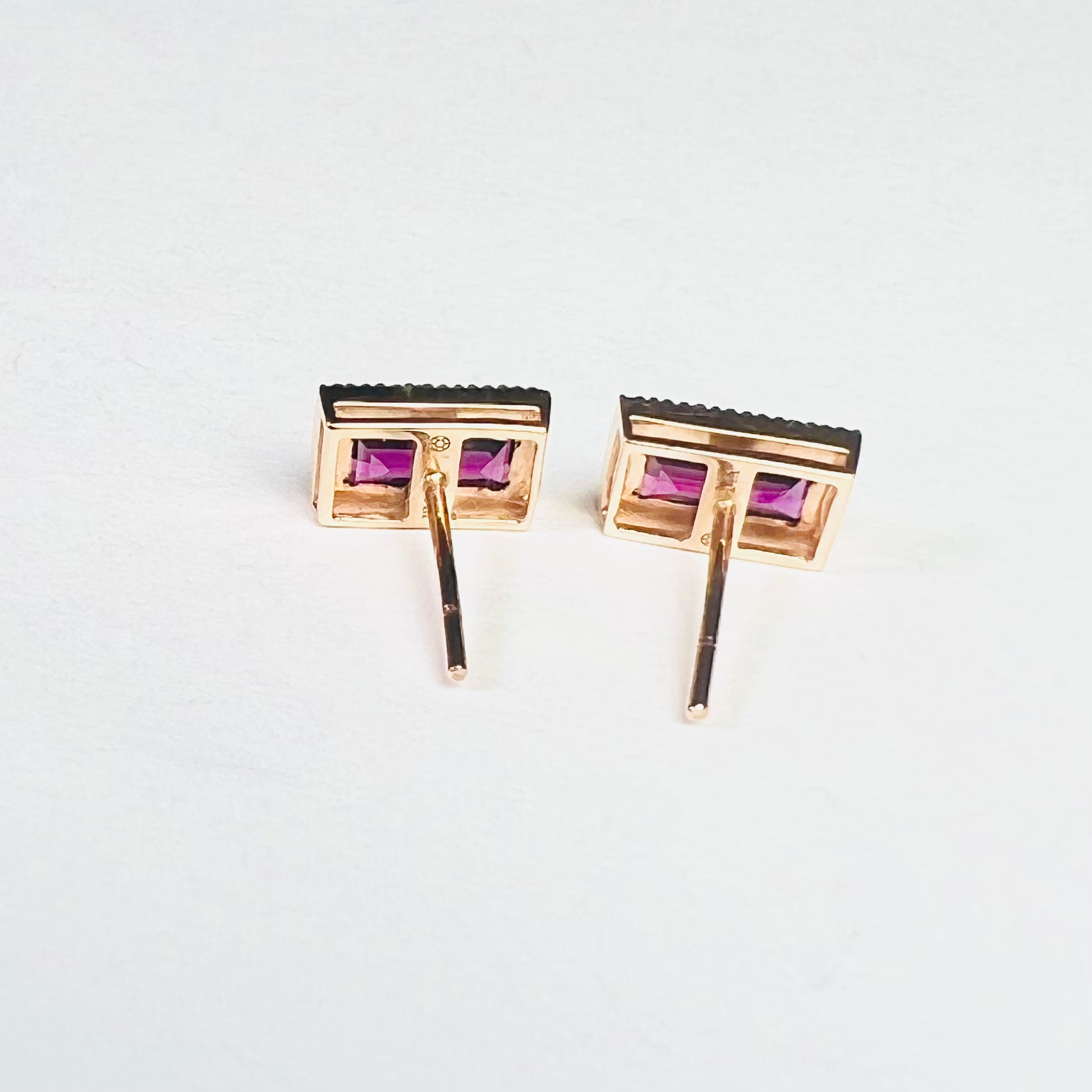 14K Rose Gold Diamond & Garnet Baguette Earring Studs 9x5mm