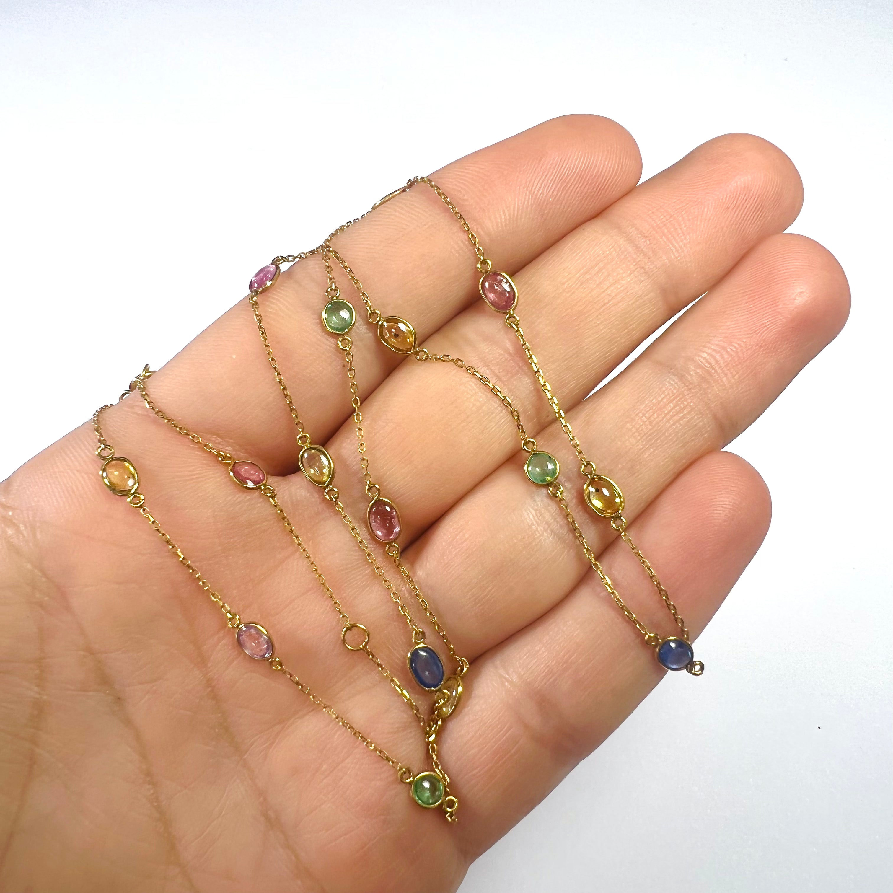 Multi Gemstone Cabochon 18" 18K Yellow Gold Stationed Cable Chain Necklace