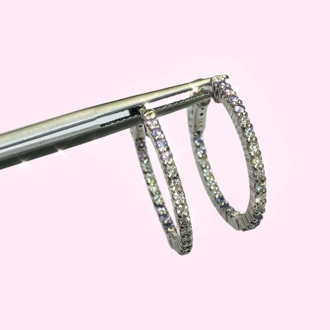 .90” Diamond and Purple Ombre Sapphire 14K White Gold Inside Outside Hoop Earrin