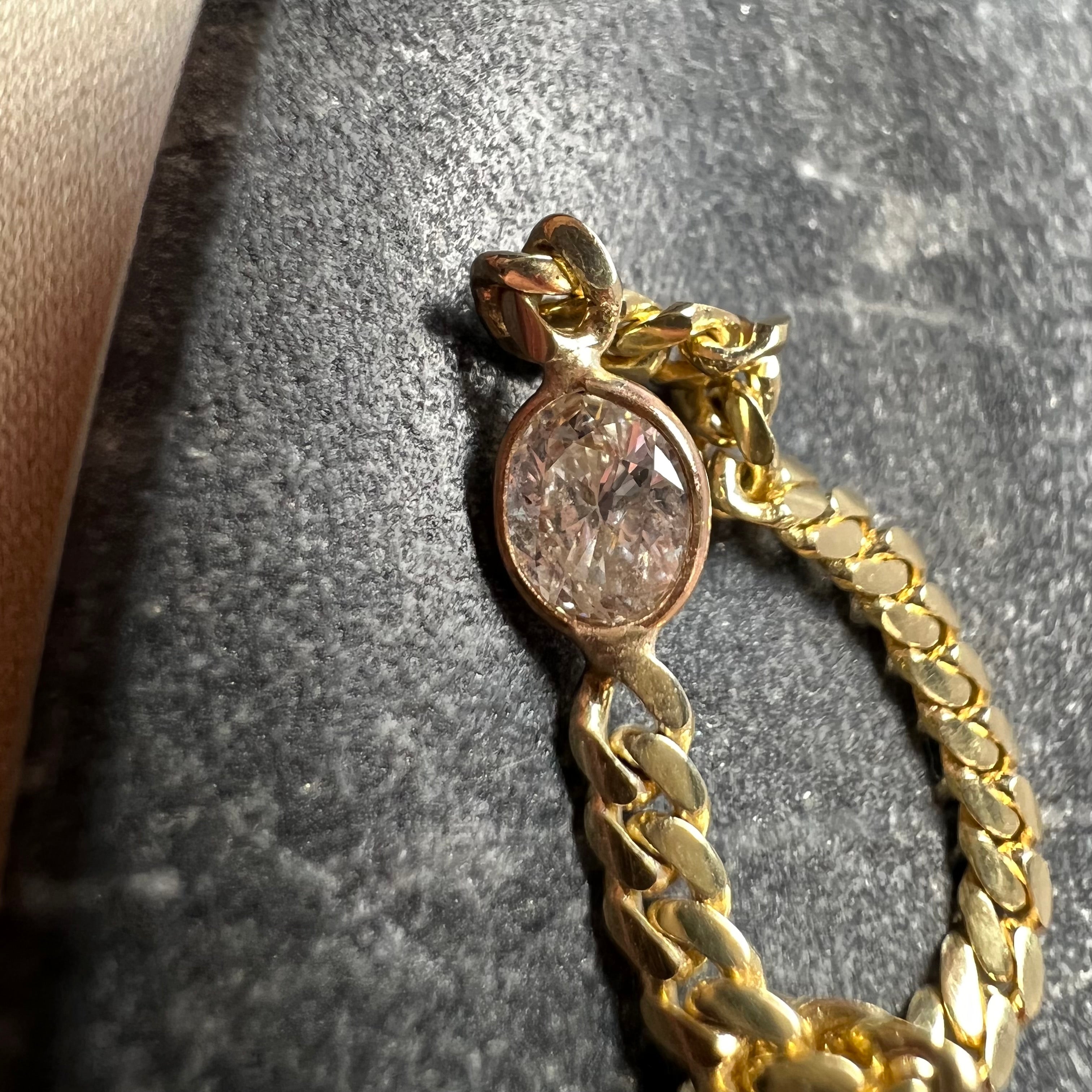 Solid 14K Yellow Gold Oval Diamond Cuban Chain Ring Size 8.5