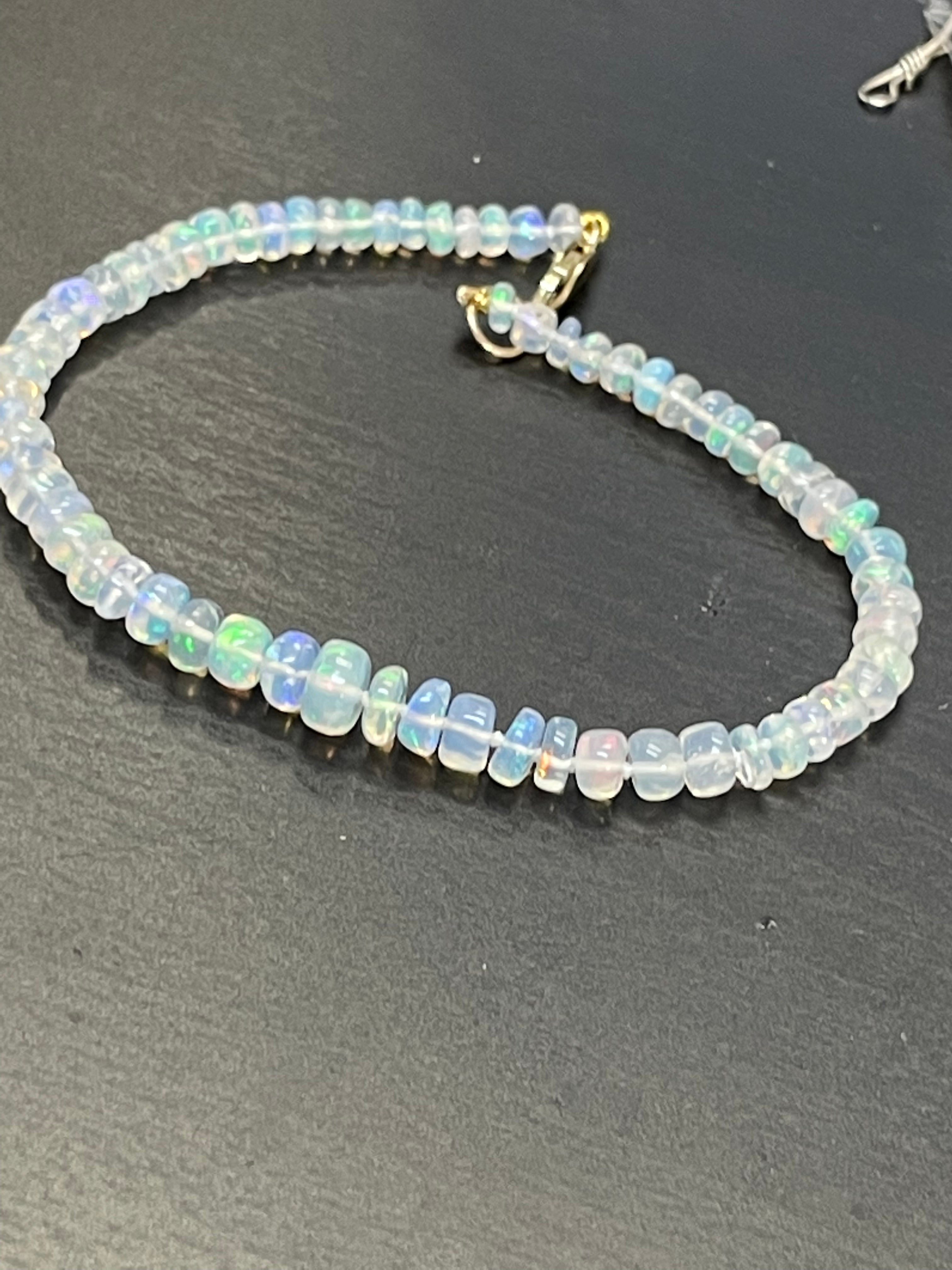 White Opal Knotted Bead Bracelet  14K Gold 6.5”