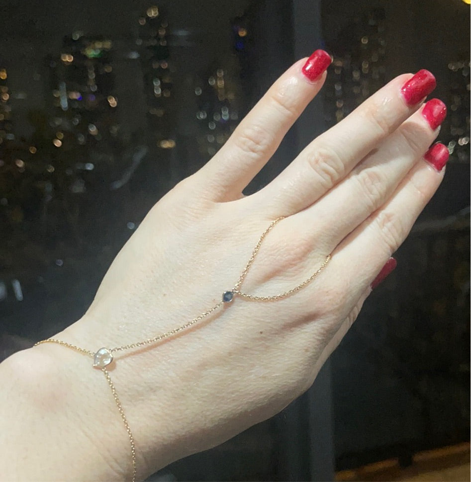 White And Blue Sapphire Heart Hand Chain Solid 14k Yellow Gold
