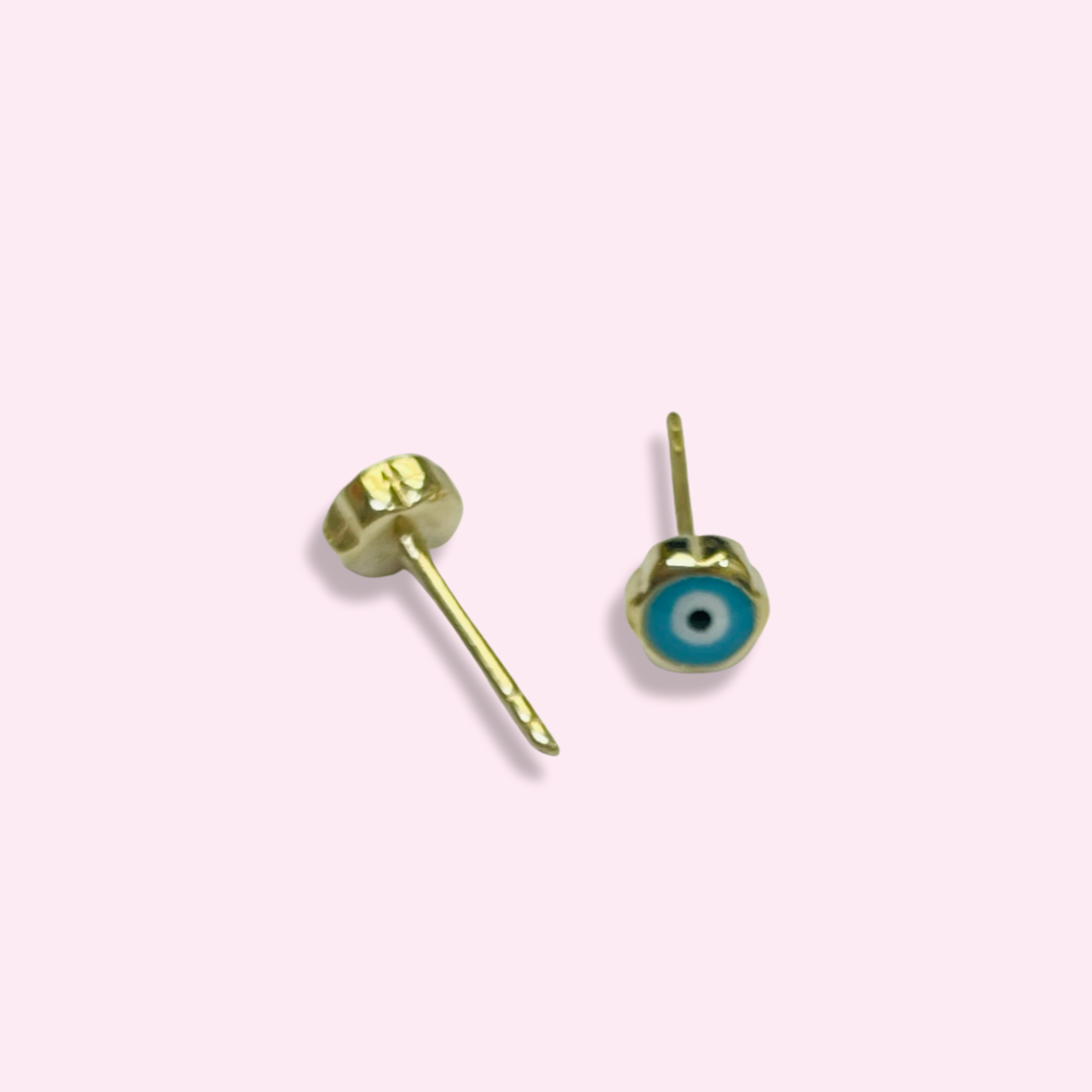 10K Yellow Gold 5mm Teal Blue Evil Eye Stud Earrings