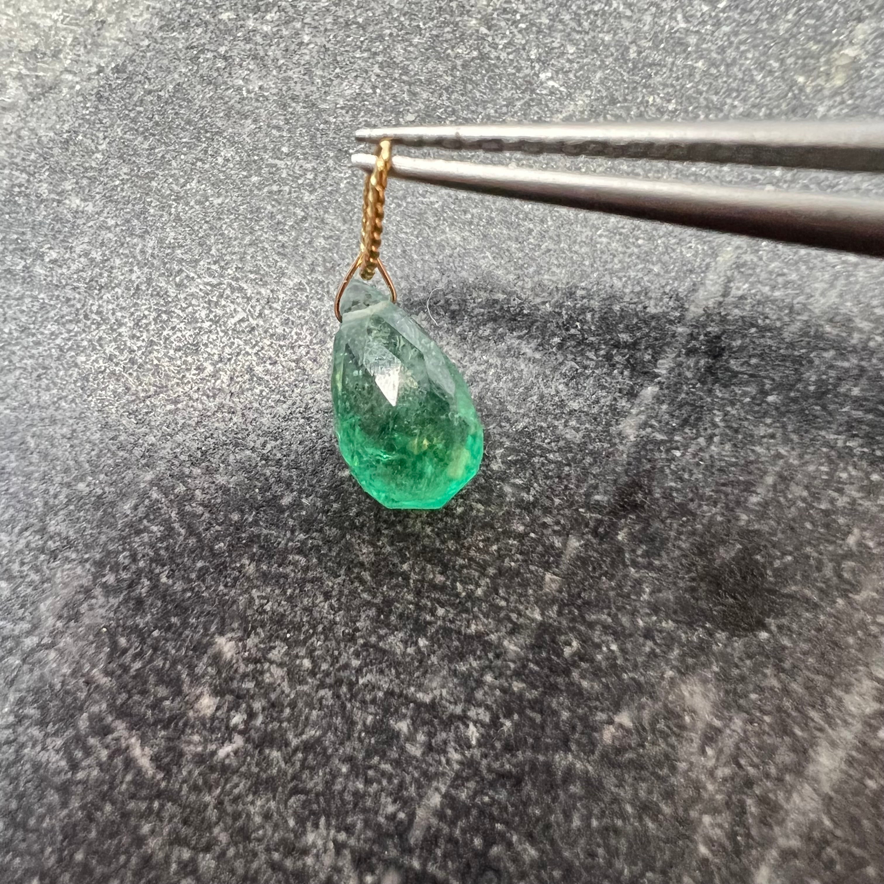 1.3CT Solid 14K Yellow Gold Briolette Emerald Twisted bail Charm 9x5.49x3.96mm