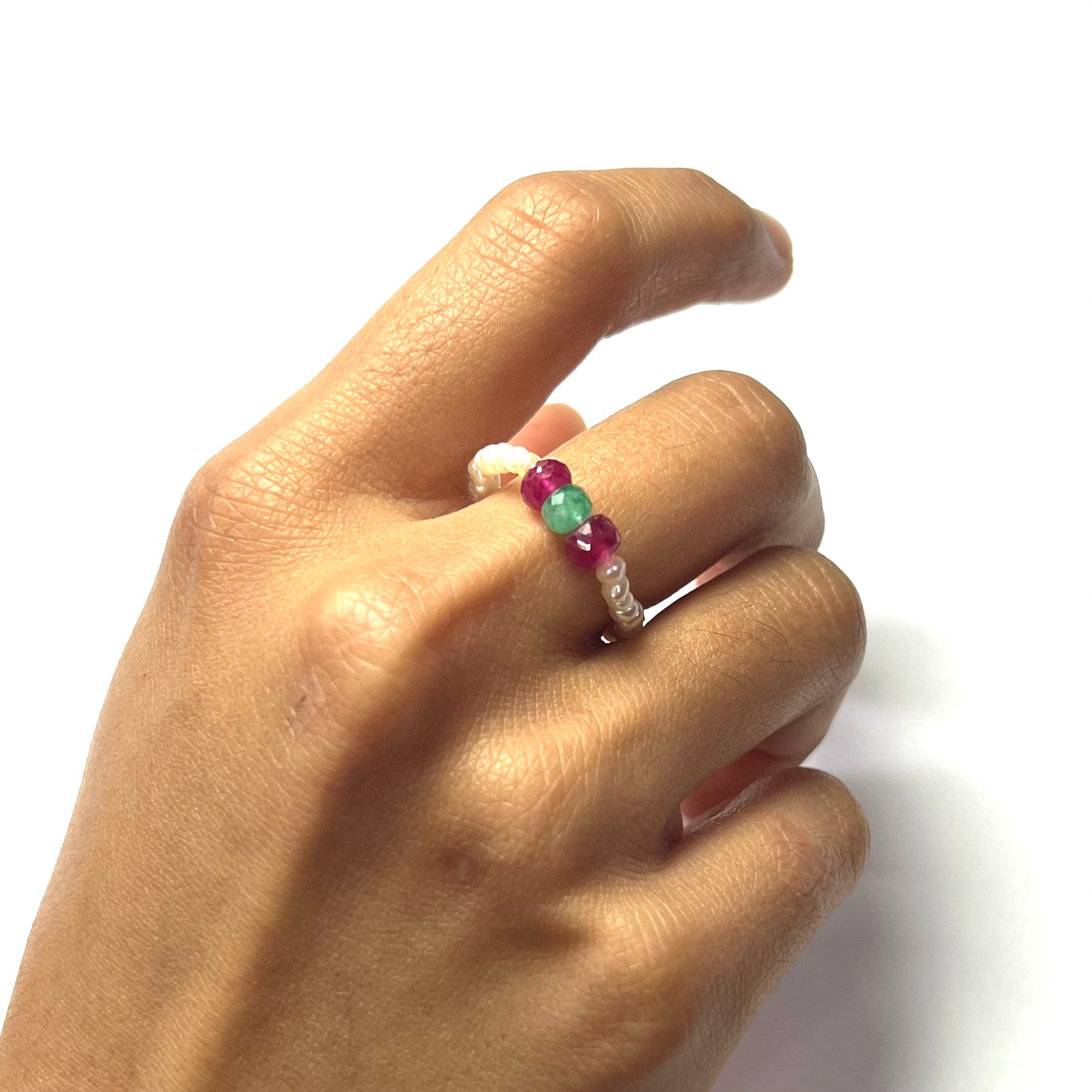 Natural Seed Pearl Eternity Rough Emerald and Ruby Ring size 7