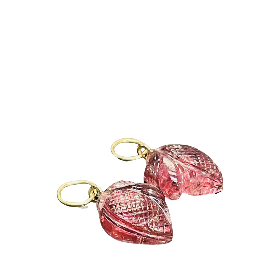 14K Yellow Gold Carved Tourmaline Hoop Earring Charm Pair
