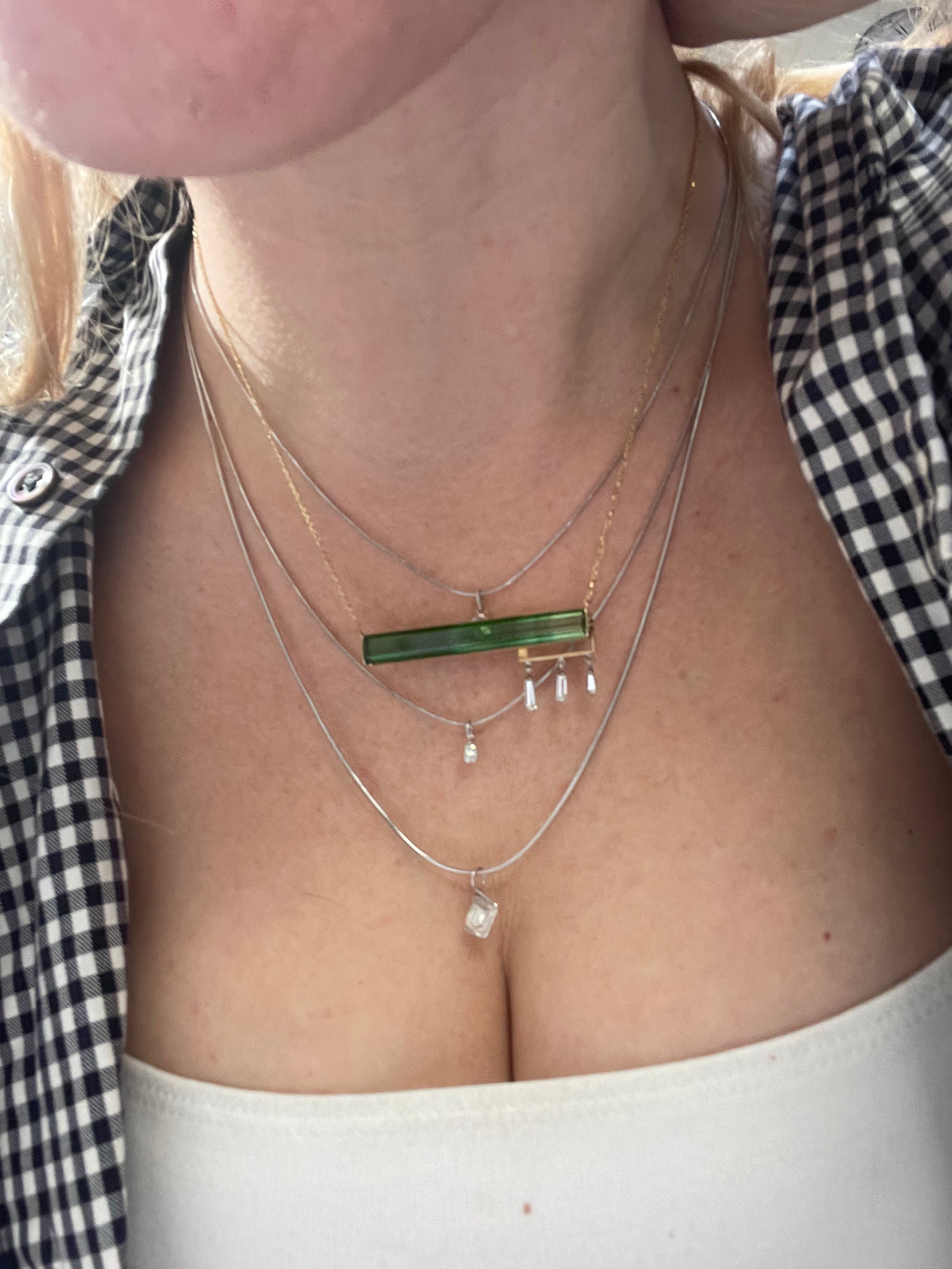 Long Tourmaline Baguette and Diamond 16" 14K Yellow Gold  Necklace