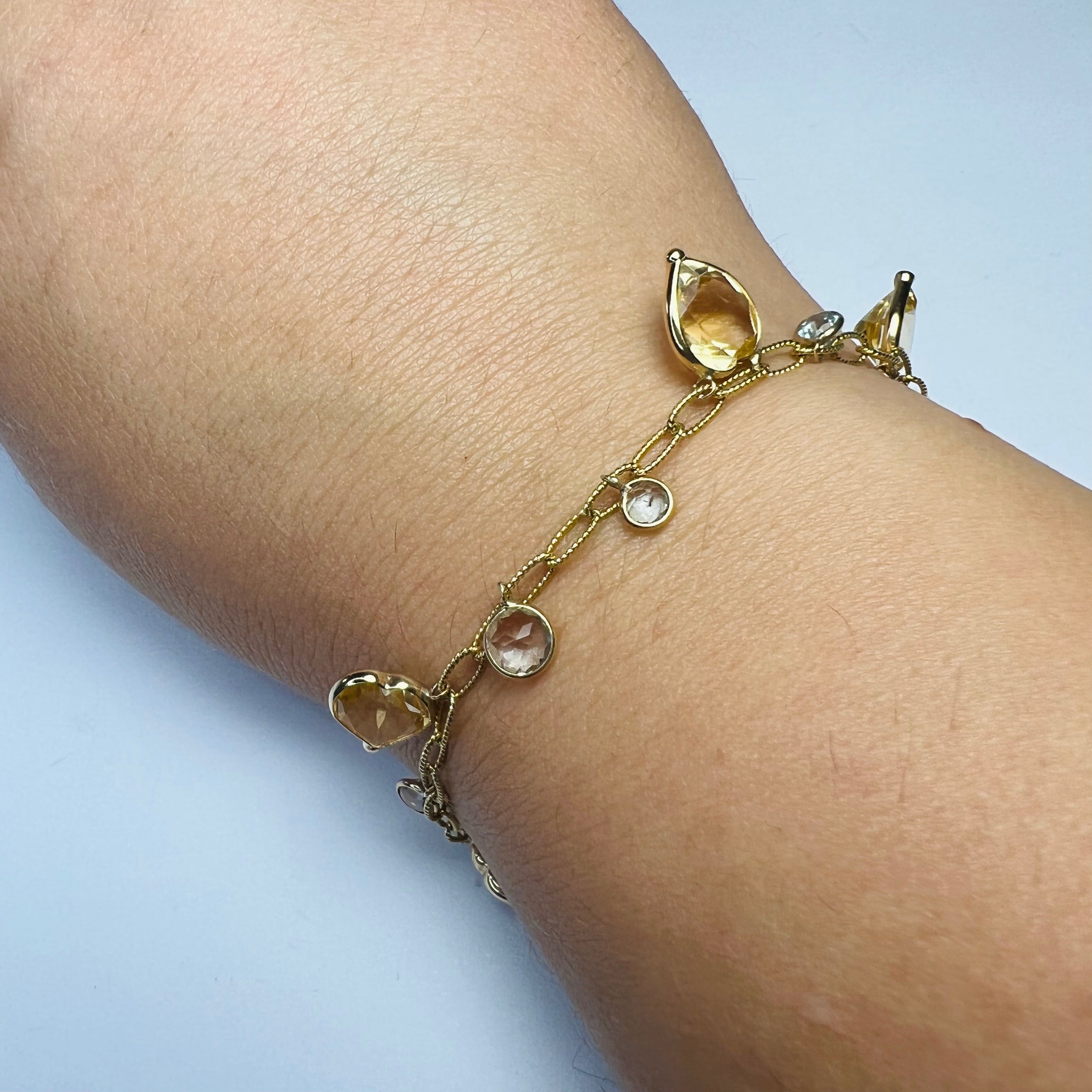 14K Yellow Gold Heart Citrine & Aquamarine Textured Link Bracelet 6.5"