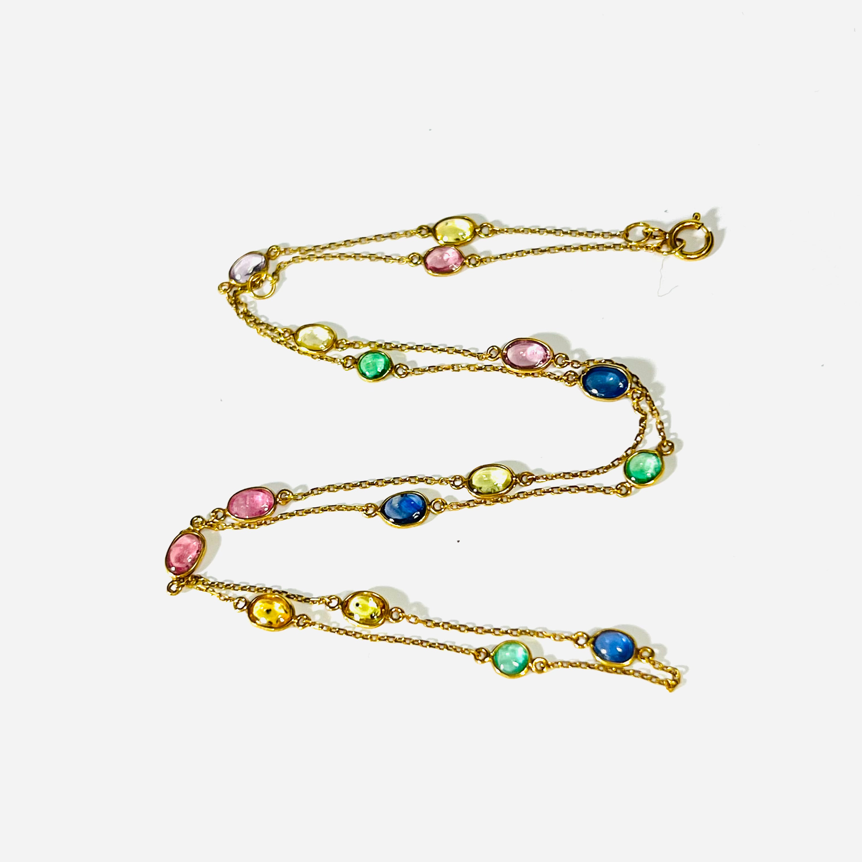 Multi Gemstone Cabochon 18" 18K Yellow Gold Stationed Cable Chain Necklace
