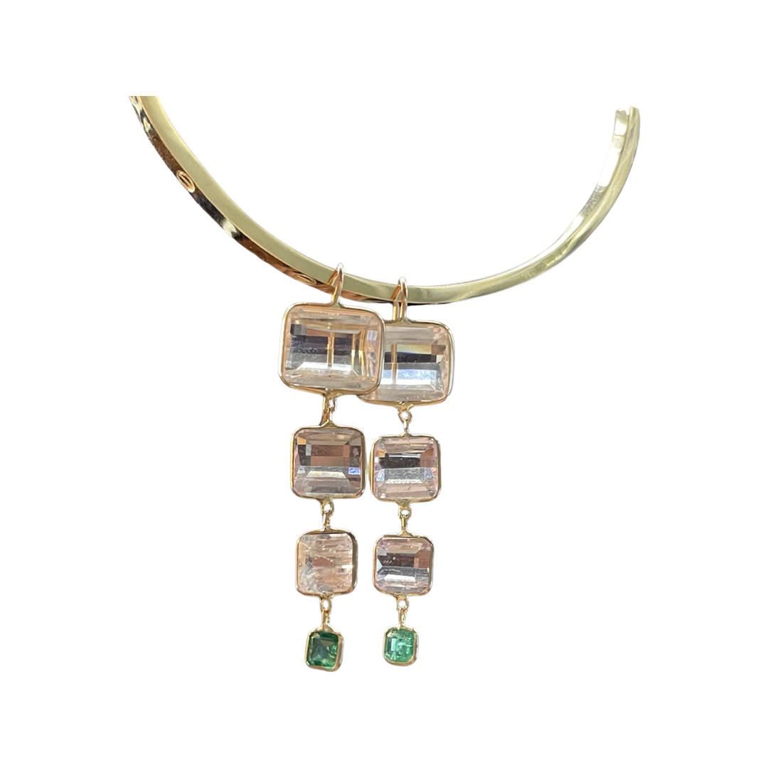 Kunzite and Colombian emerald drop earrings