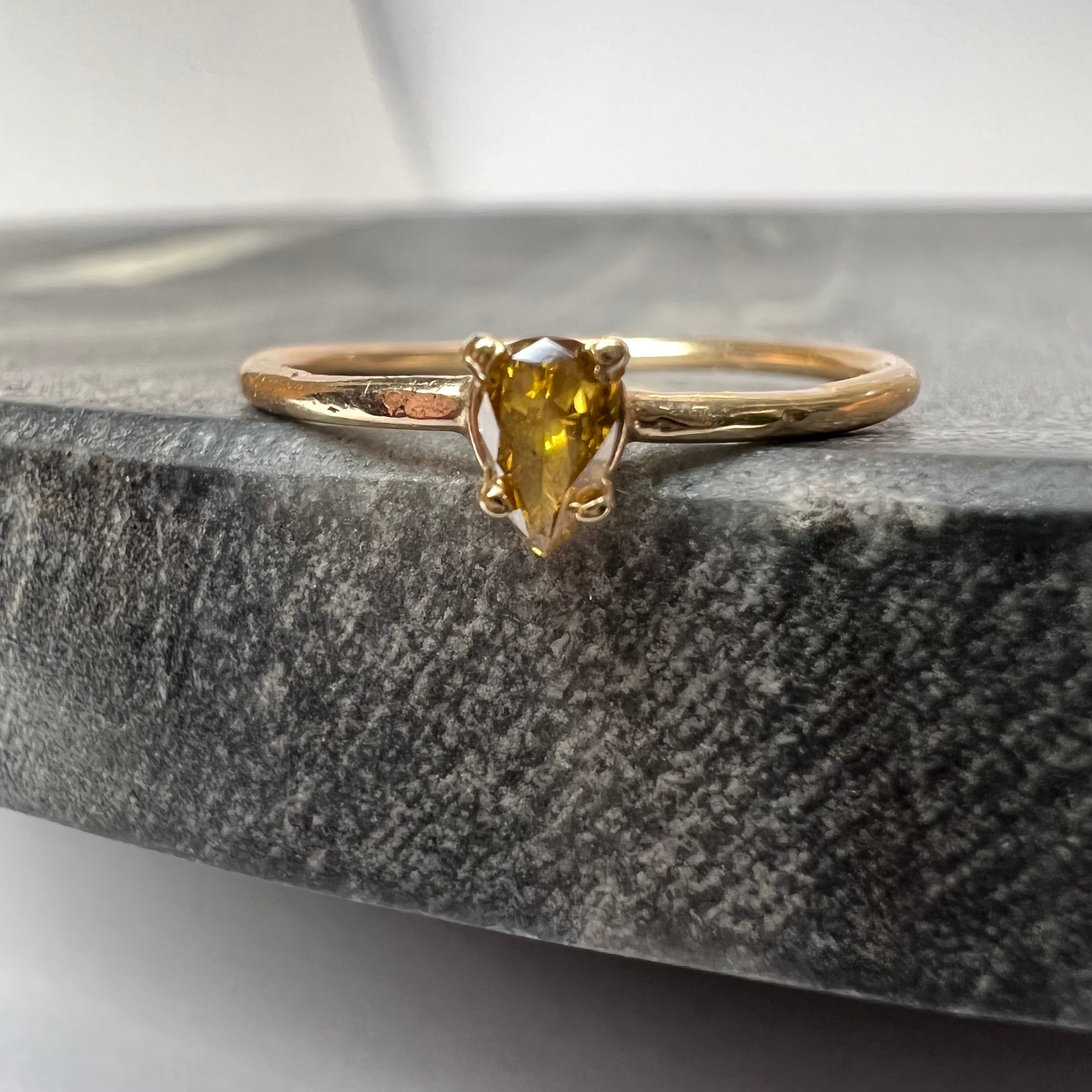 Solid 14K Yellow Gold Yellow Pear Diamond Dainty Ring Band Size 6.50