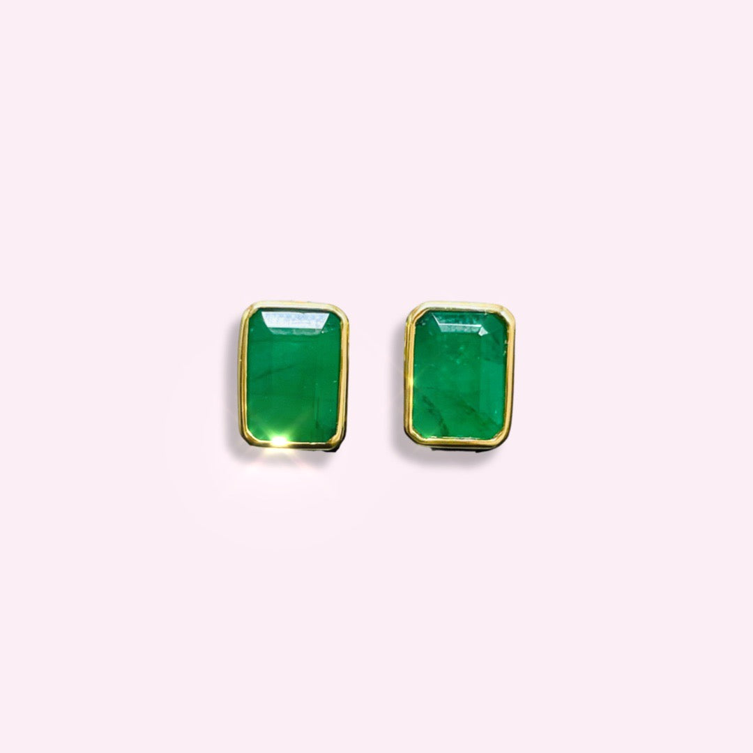 3CT Colombian Emerald 18K Yellow Gold Bezel Stud Earrings