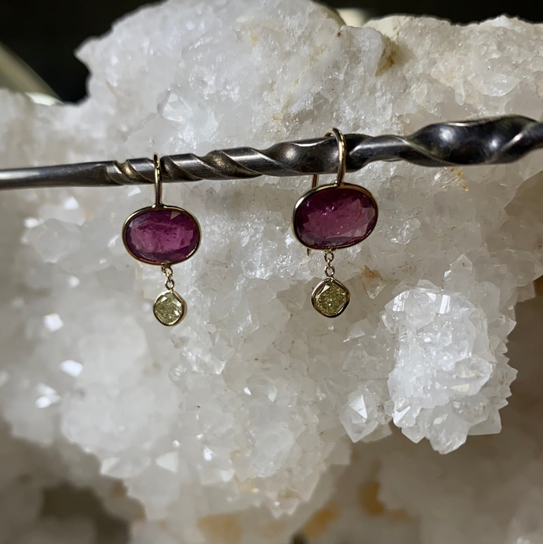 Oval Pink Tourmaline Yellow Cushion Diamond Solid 14K Yellow Gold Dangling Earrings
