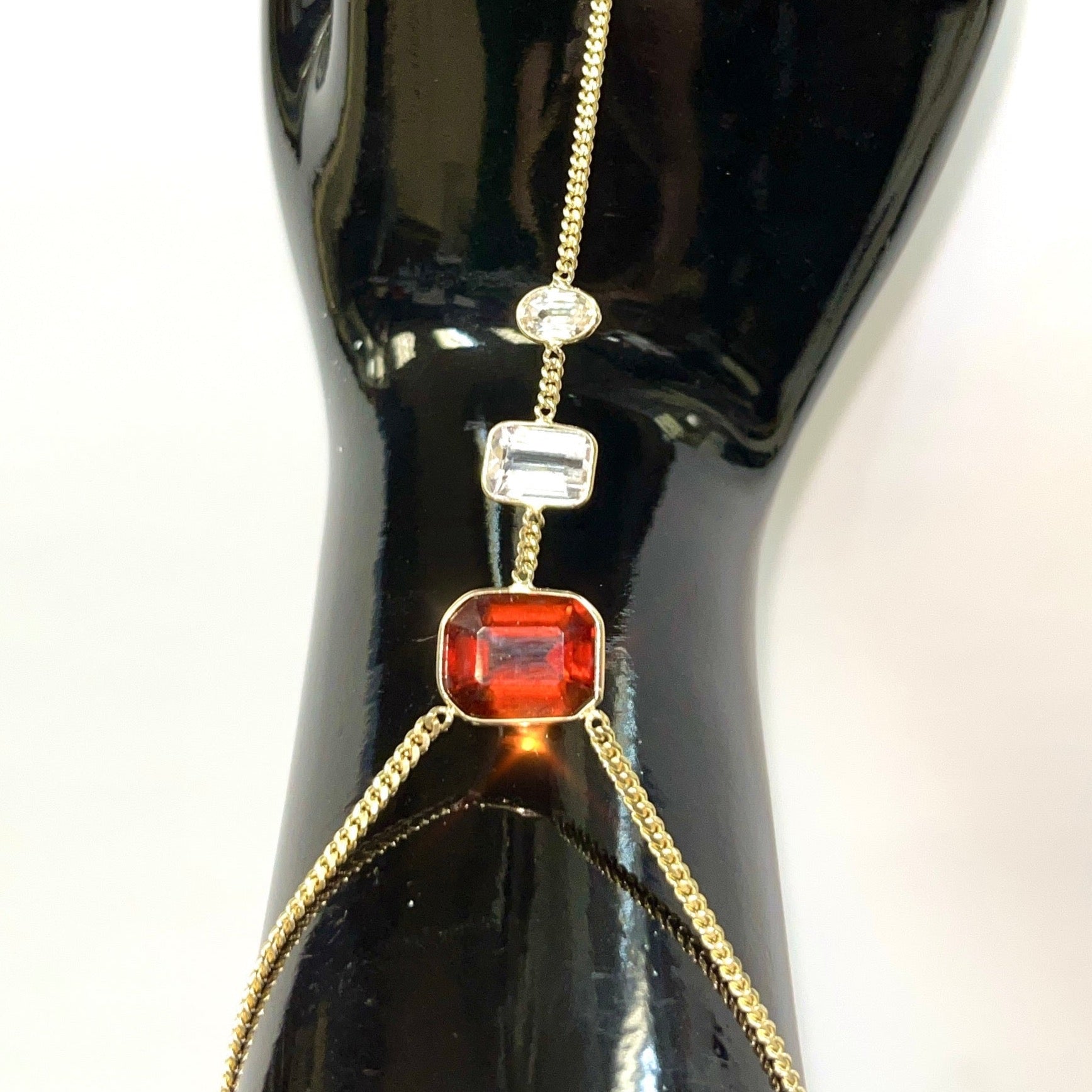 Red Labradorite, Kunzite and White Sapphire Hand Chain 14K Yellow Gold Curb Link