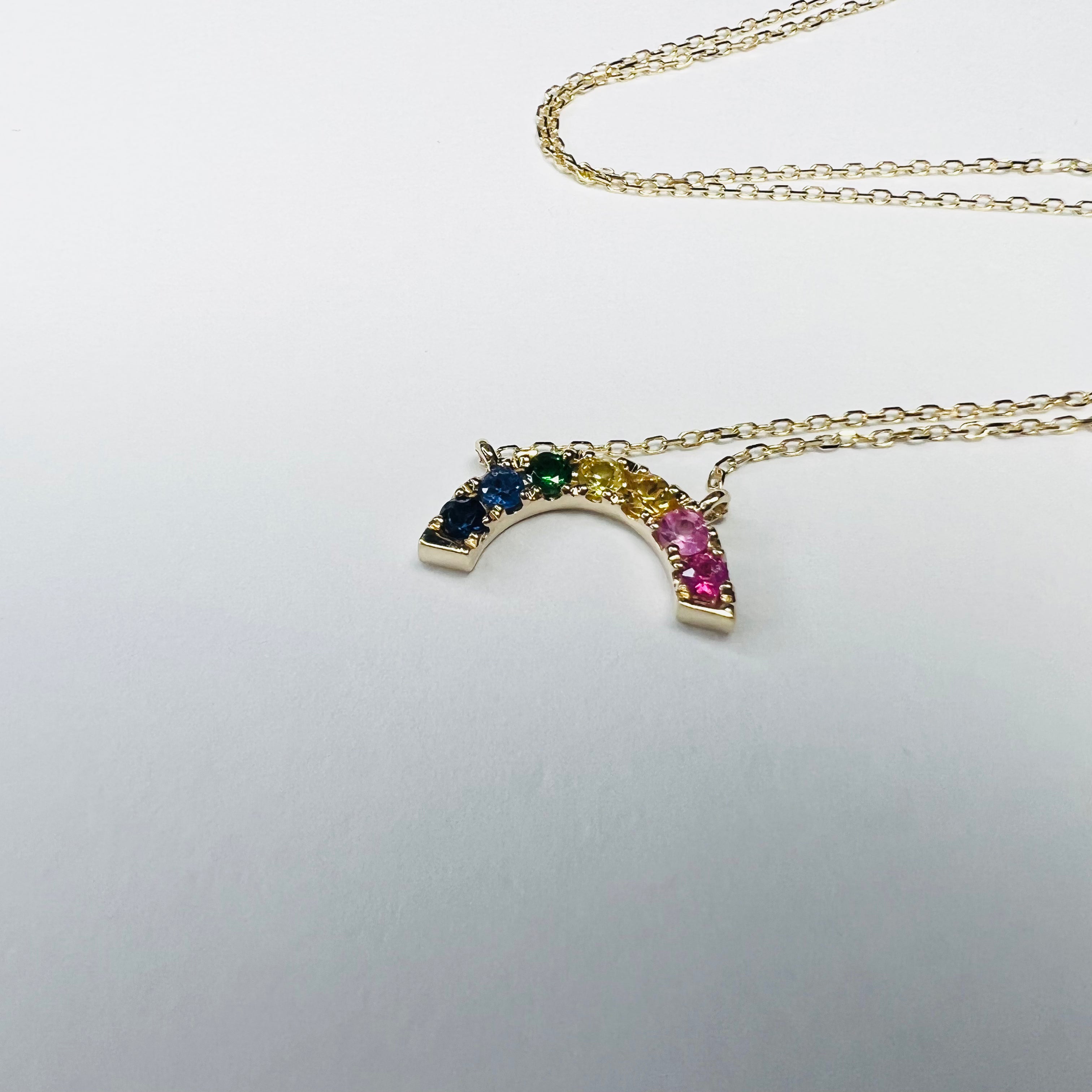 Small Rainbow Sapphire 16"-18" 14K Yellow Gold Necklace Adjustable