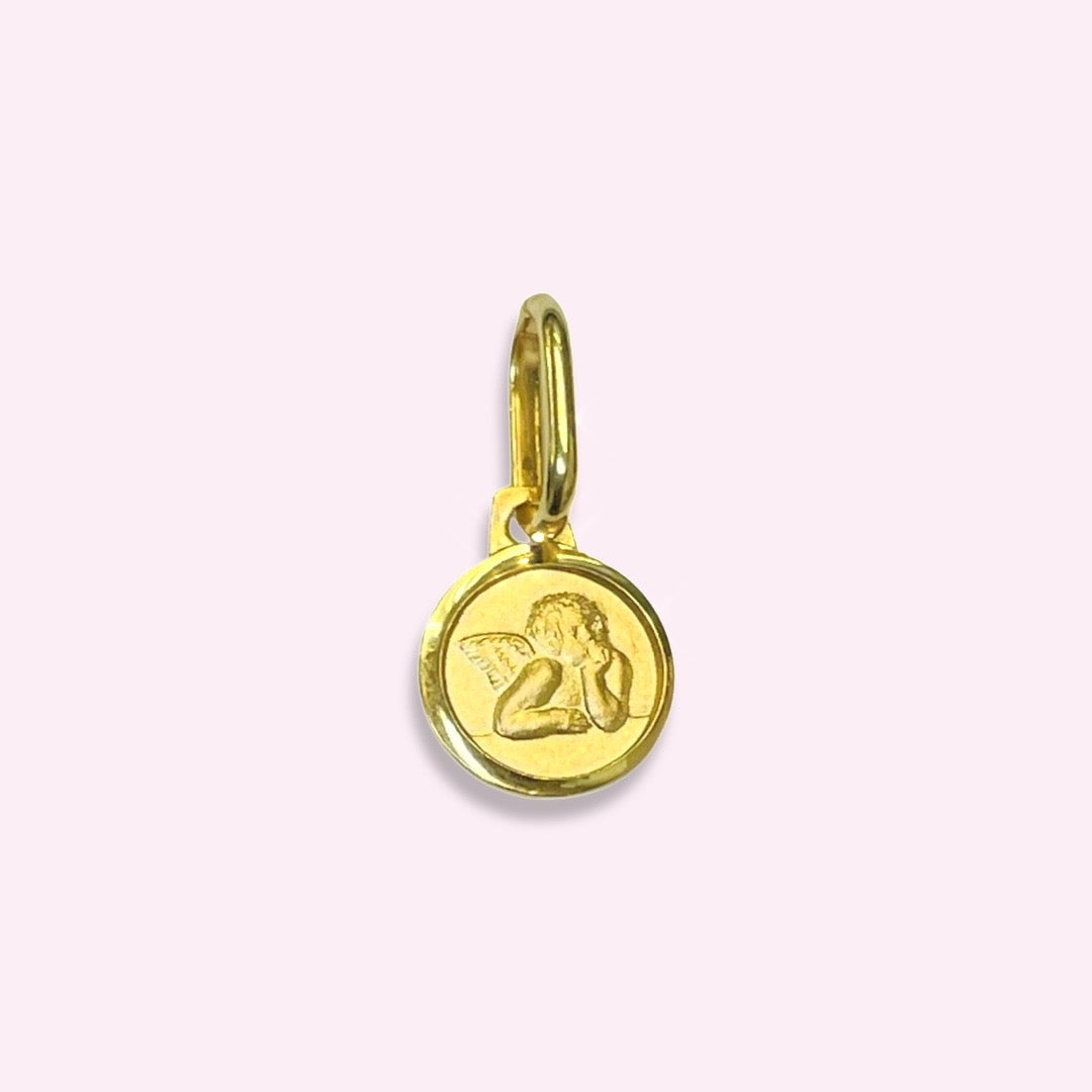 14K Yellow Gold Round Shaped Thinking Cherub Angel Charm
