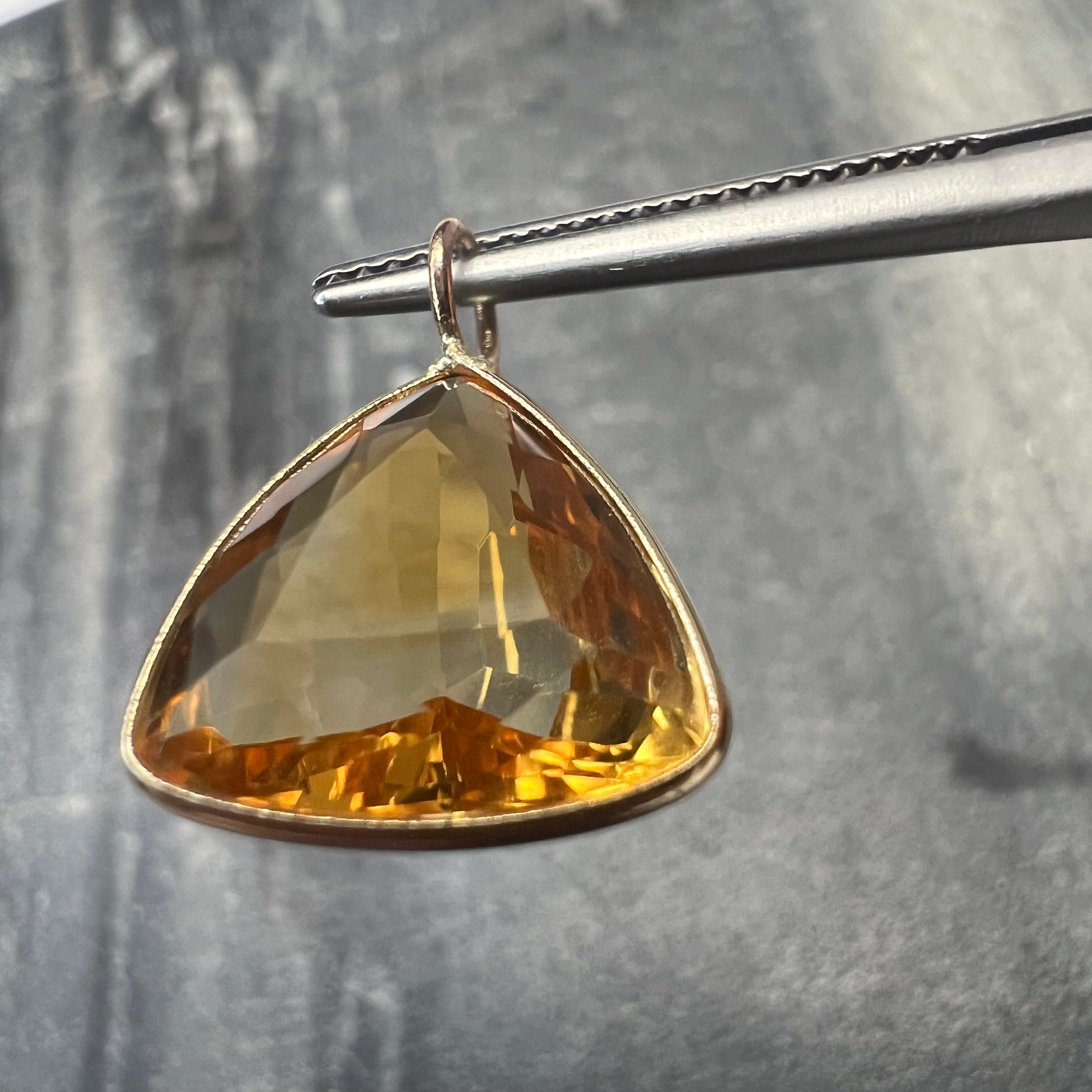 5CT Natural Trillion Cut Yellow Citrine 14K Yellow Gold Pendant Charm 11.5x13mm
