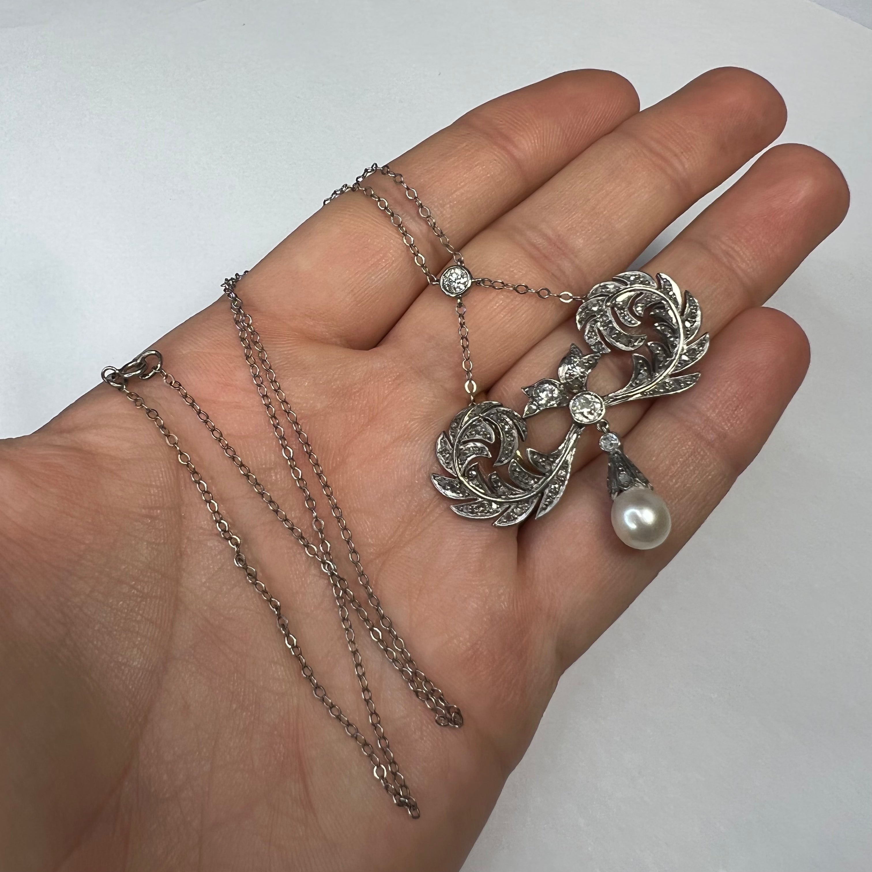 18K White Gold Edwardian Pearl & Old Mine Diamond Lariat Necklace 16"