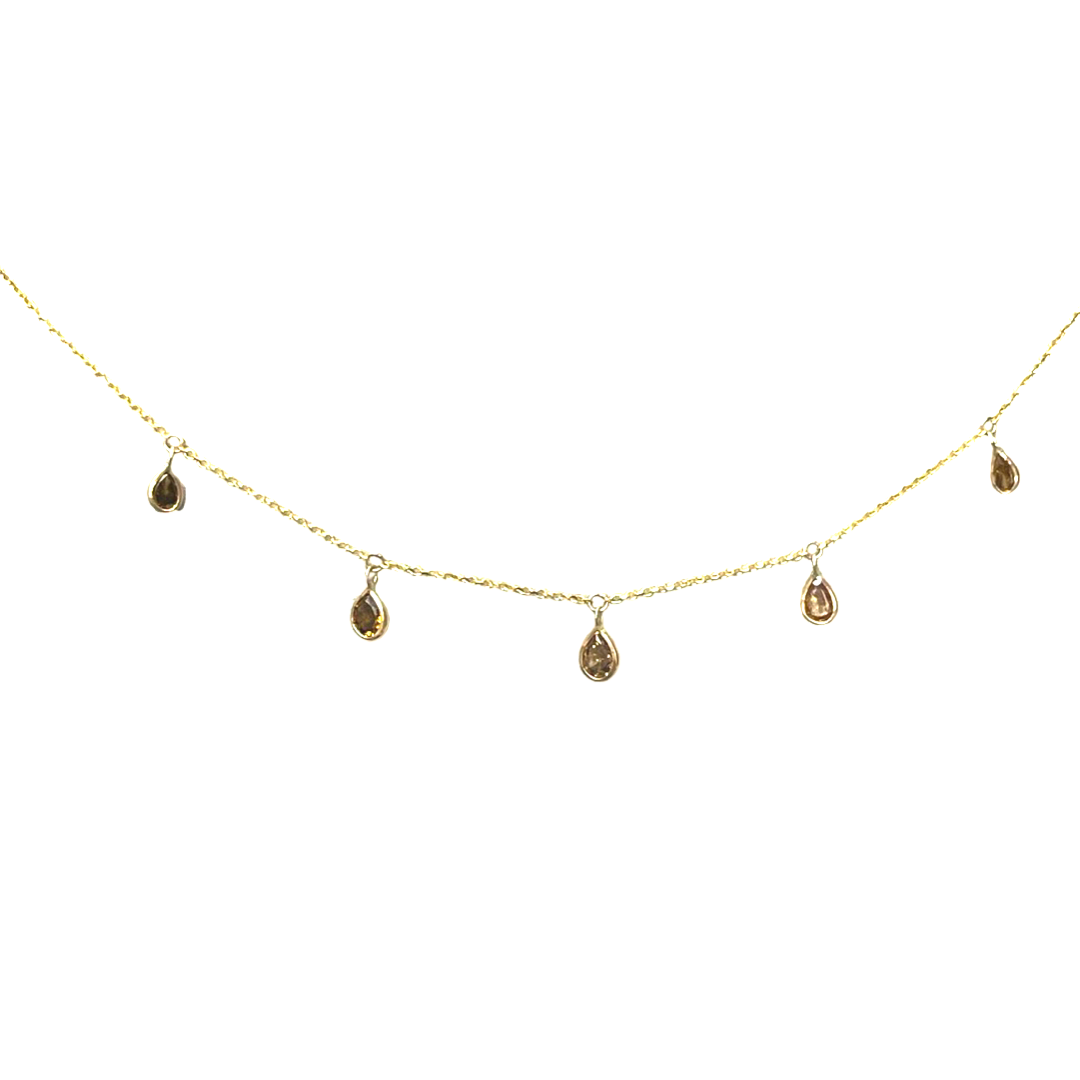 Chocolate Brown Pear Cut Diamond 14k Yellow Gold Dangle Necklace
