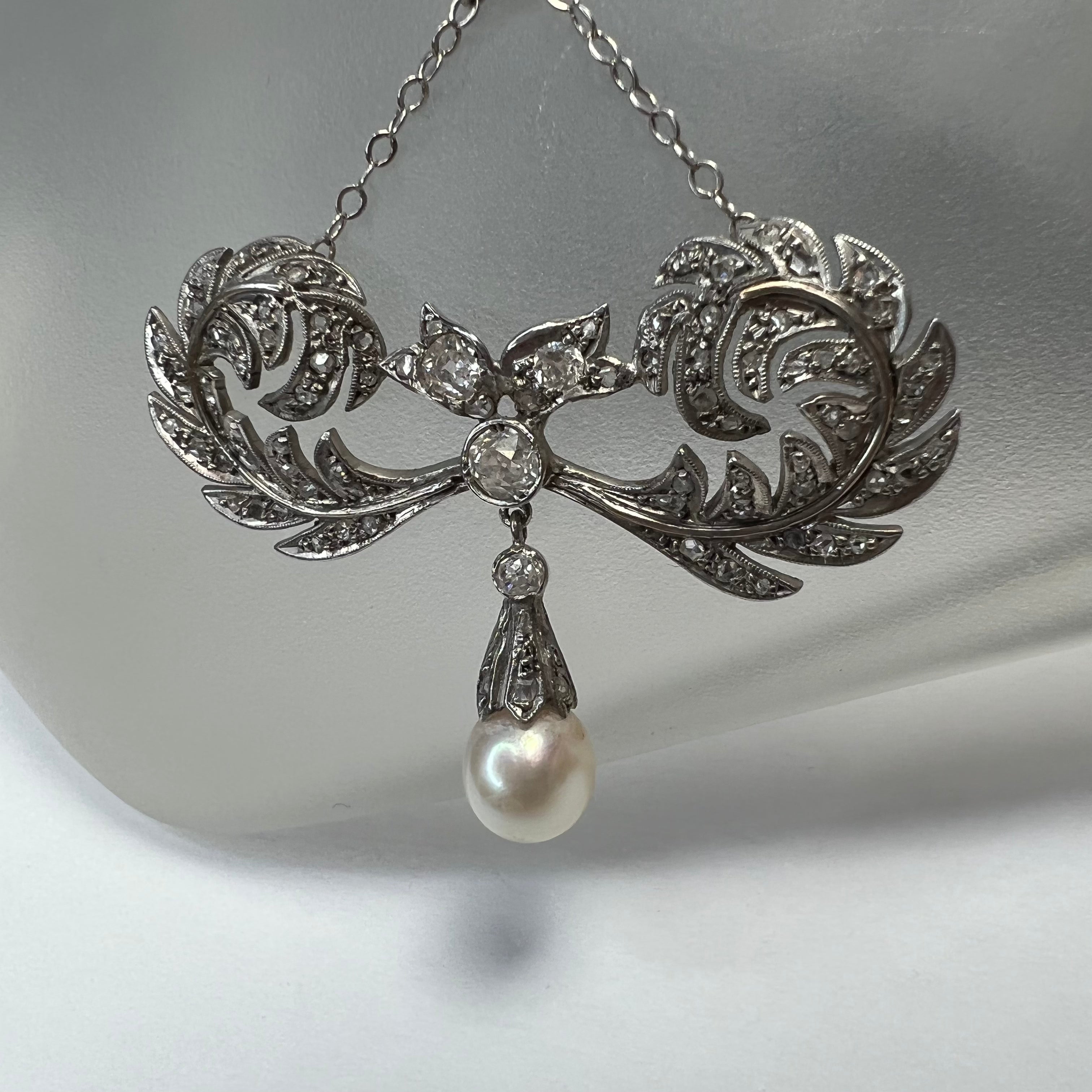 18K White Gold Edwardian Pearl & Old Mine Diamond Lariat Necklace 16"