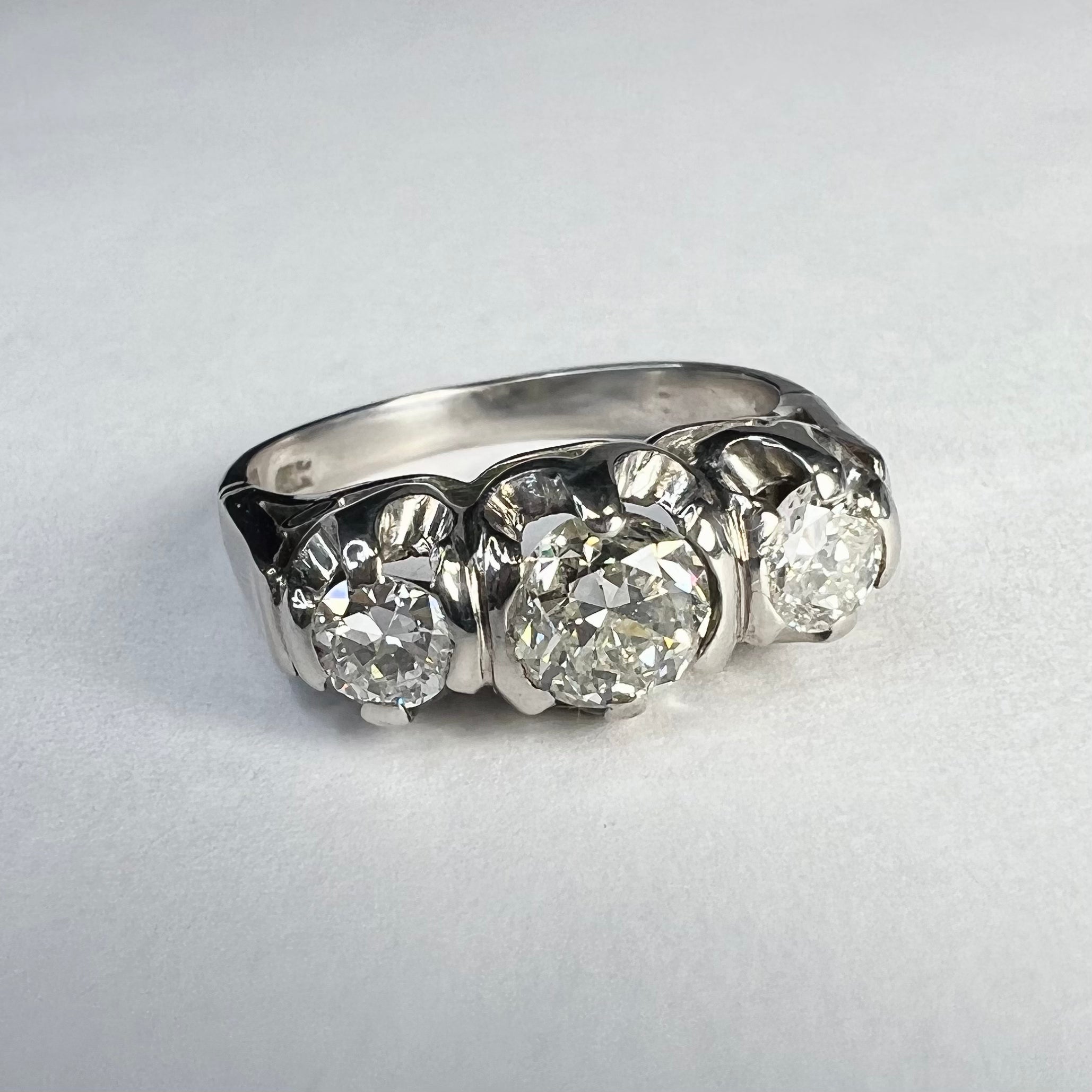 Antique 18K White Gold 3 Diamond Ring Size 6