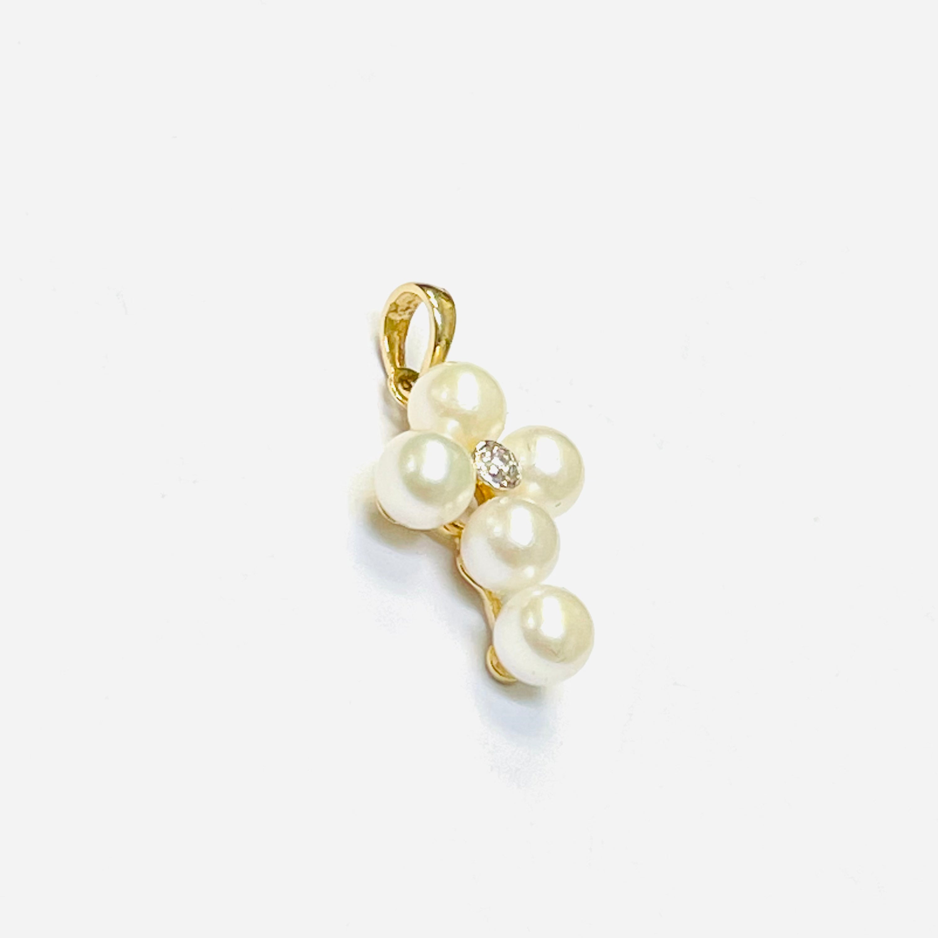 14K Yellow Gold Pearl and Diamond Cross Pendant Charm