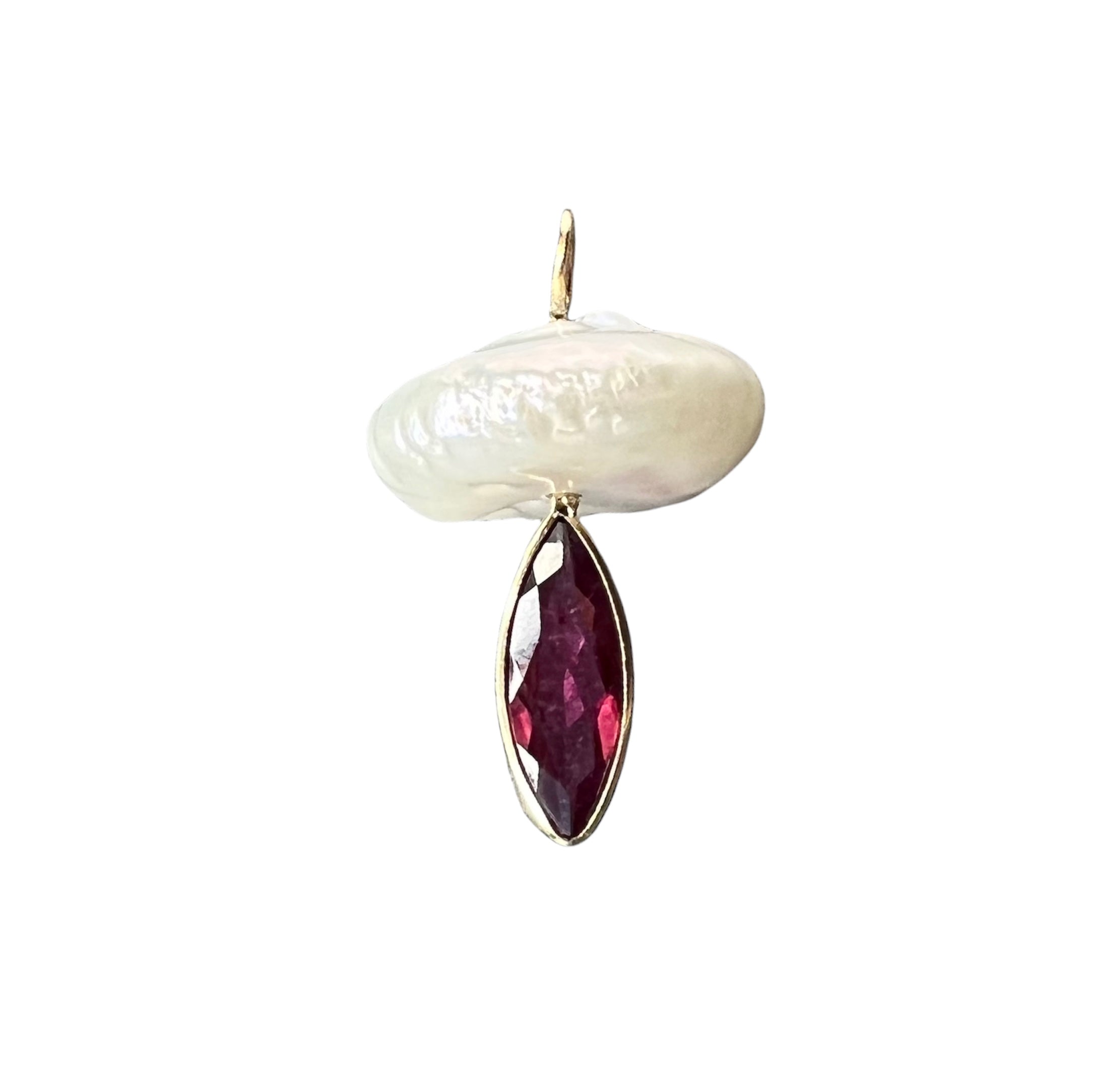 Natural Tourmaline and Pearl Mushroom 14K Yellow Gold Pendant Charm 24x14.50mm