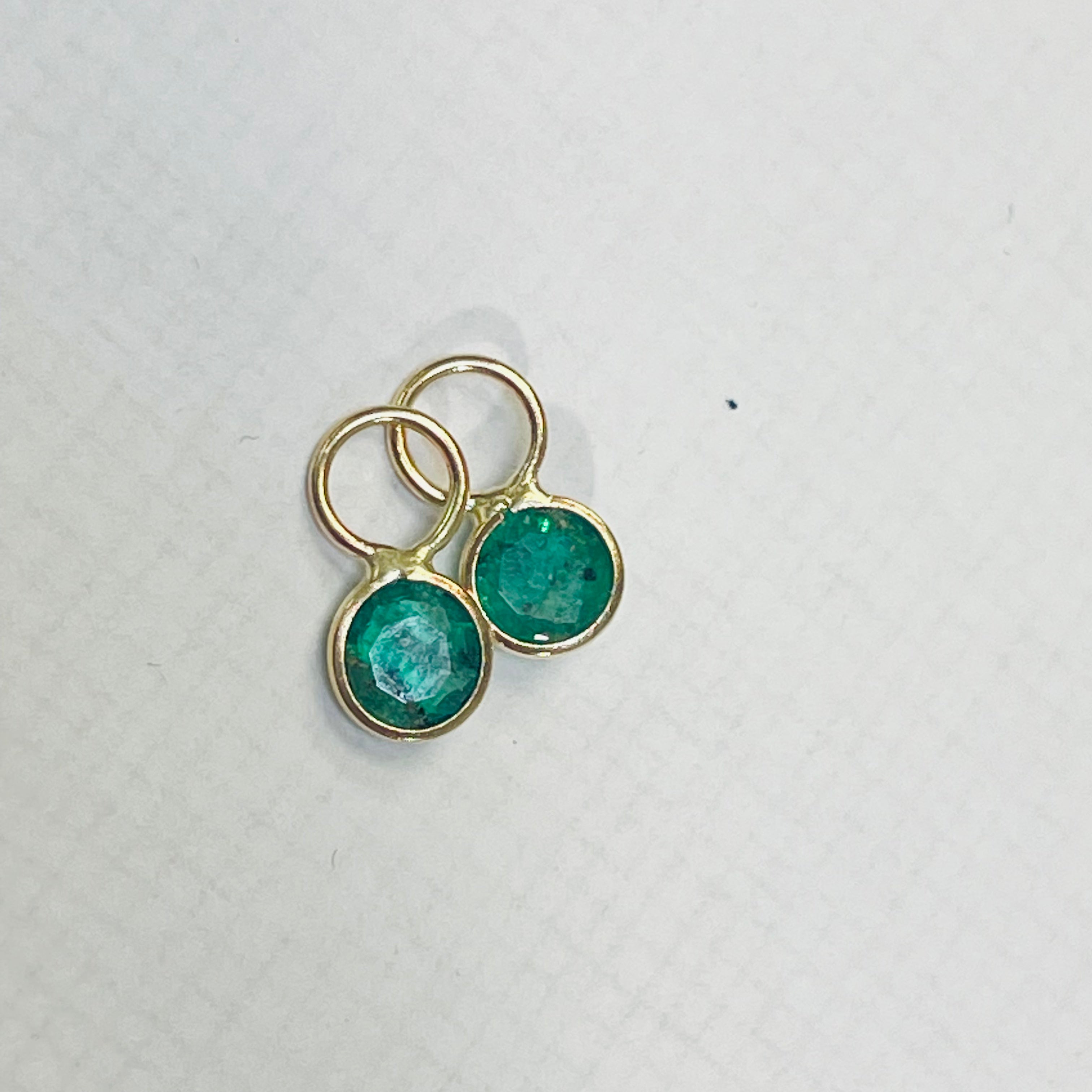 14K Yellow Gold Round Emerald Earring Charm Pair