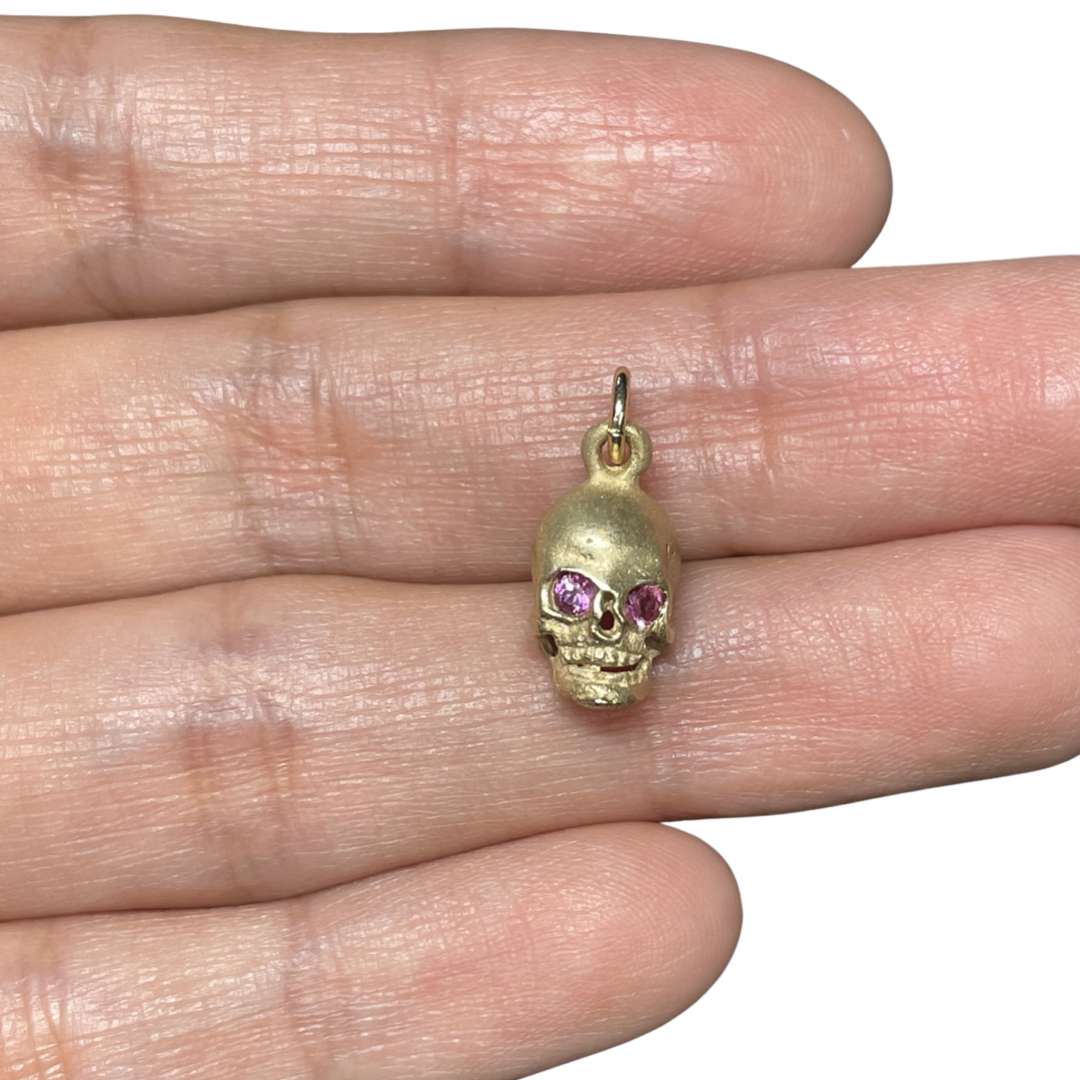 Solid 18K Large Pink Sapphire Skull Charm