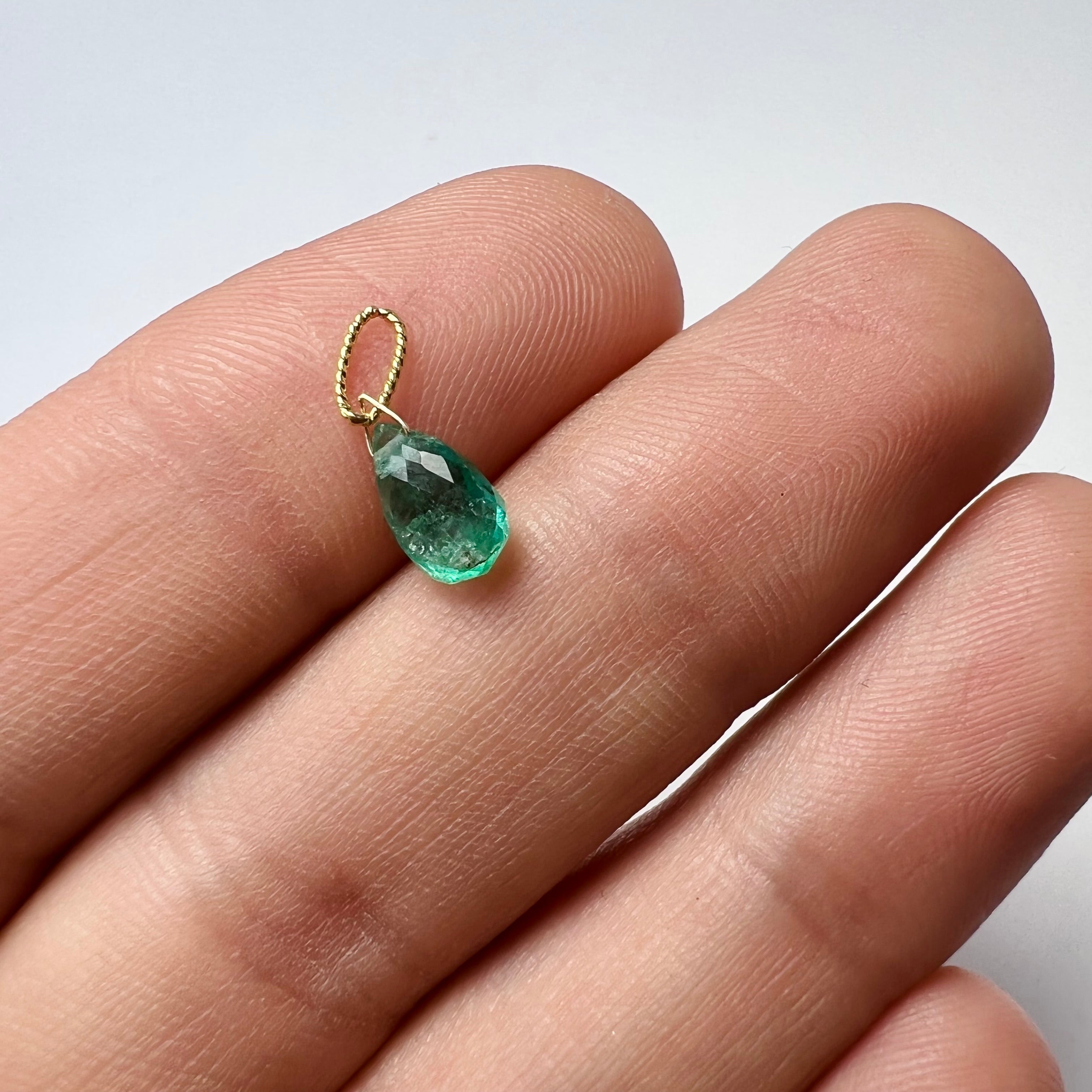 1CT Solid 14K Yellow Gold Briolette Emerald Twisted bail Charm 8x4.93x3.41mm