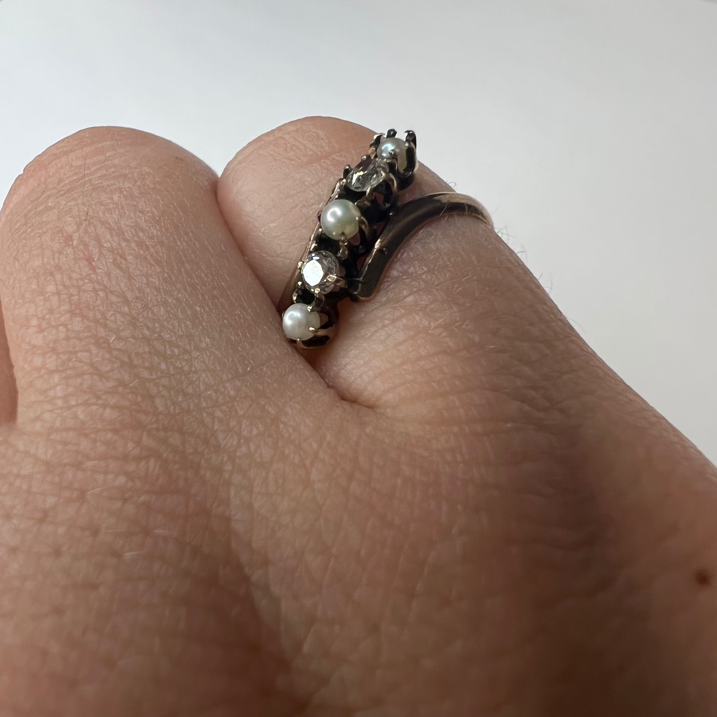 Antique 10K Rose Gold Pearl and Diamond Bypass Band Ring Size 5.25