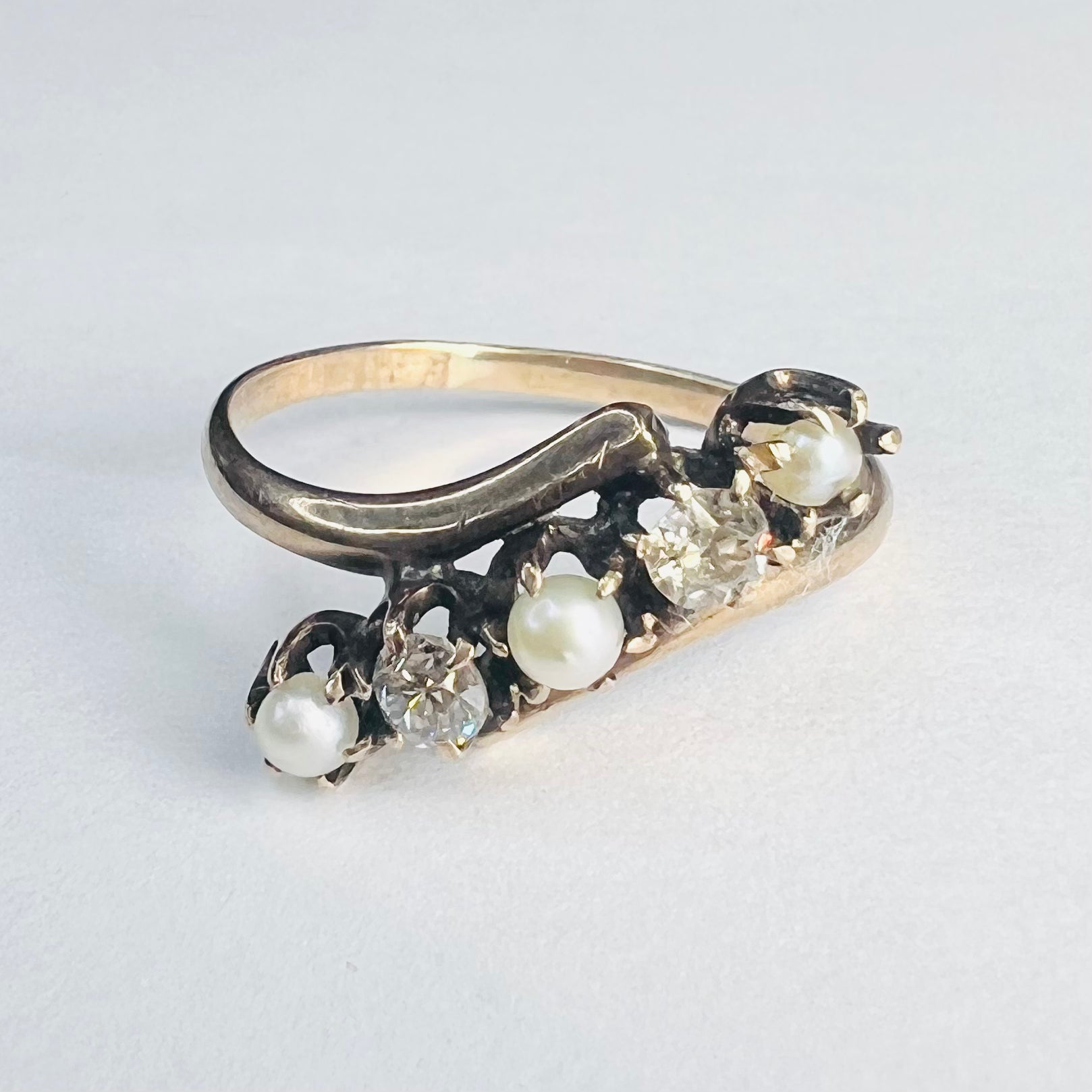 Antique 10K Rose Gold Pearl and Diamond Bypass Band Ring Size 5.25