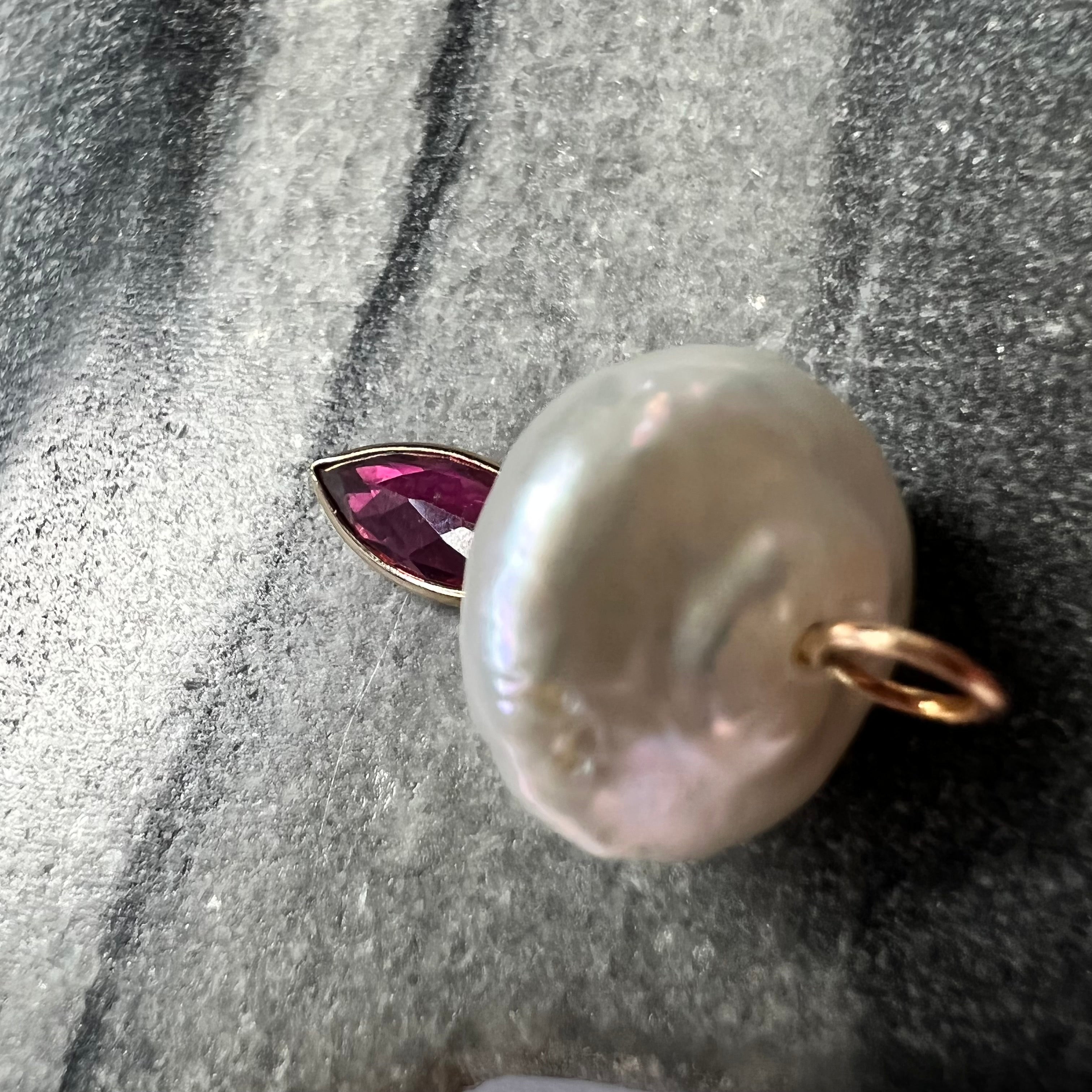 Natural Tourmaline and Pearl Mushroom 14K Yellow Gold Pendant Charm 24x14.50mm