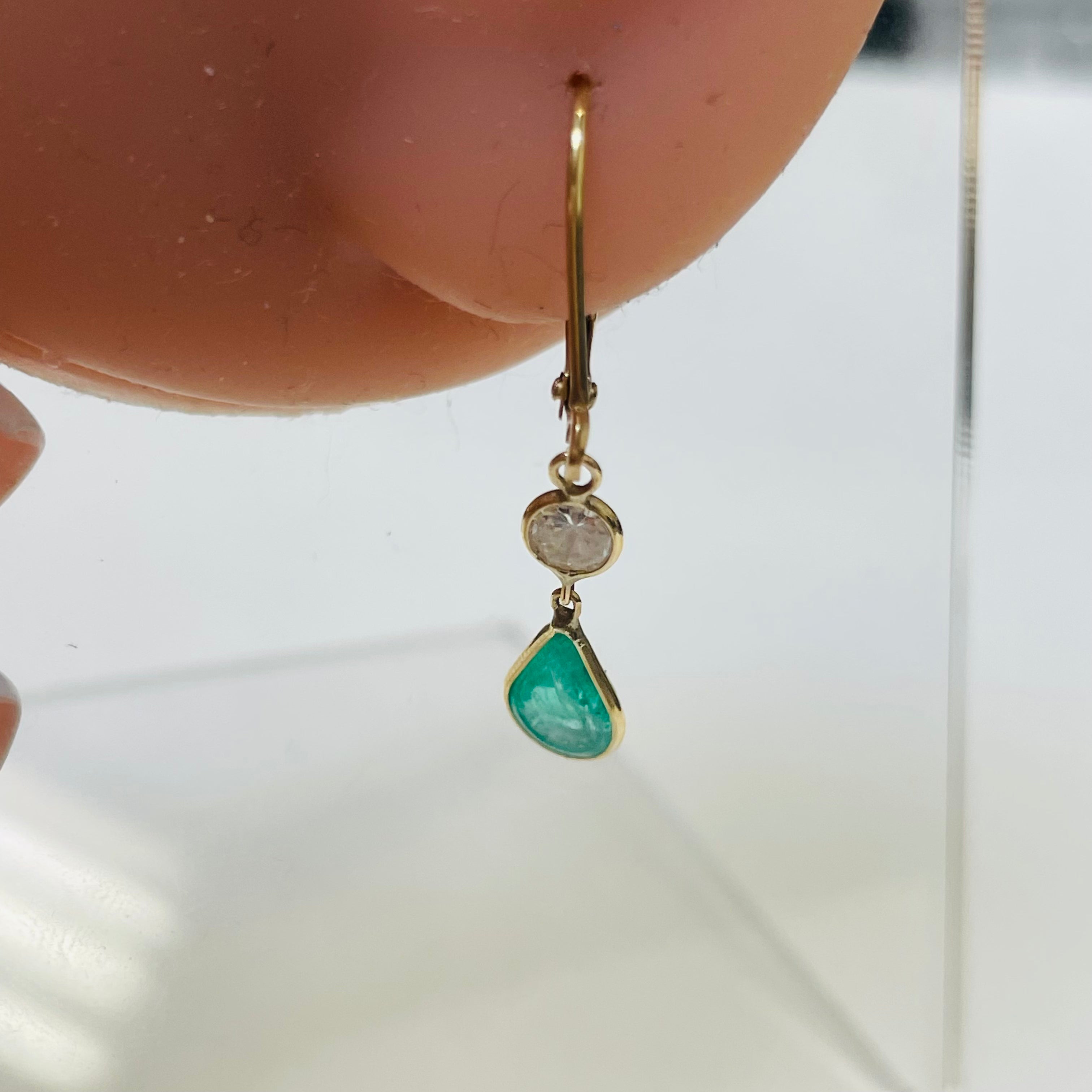 2CT Emerald and .30CT Diamond 14K Yellow Gold Lever Back Drop Down Earrings