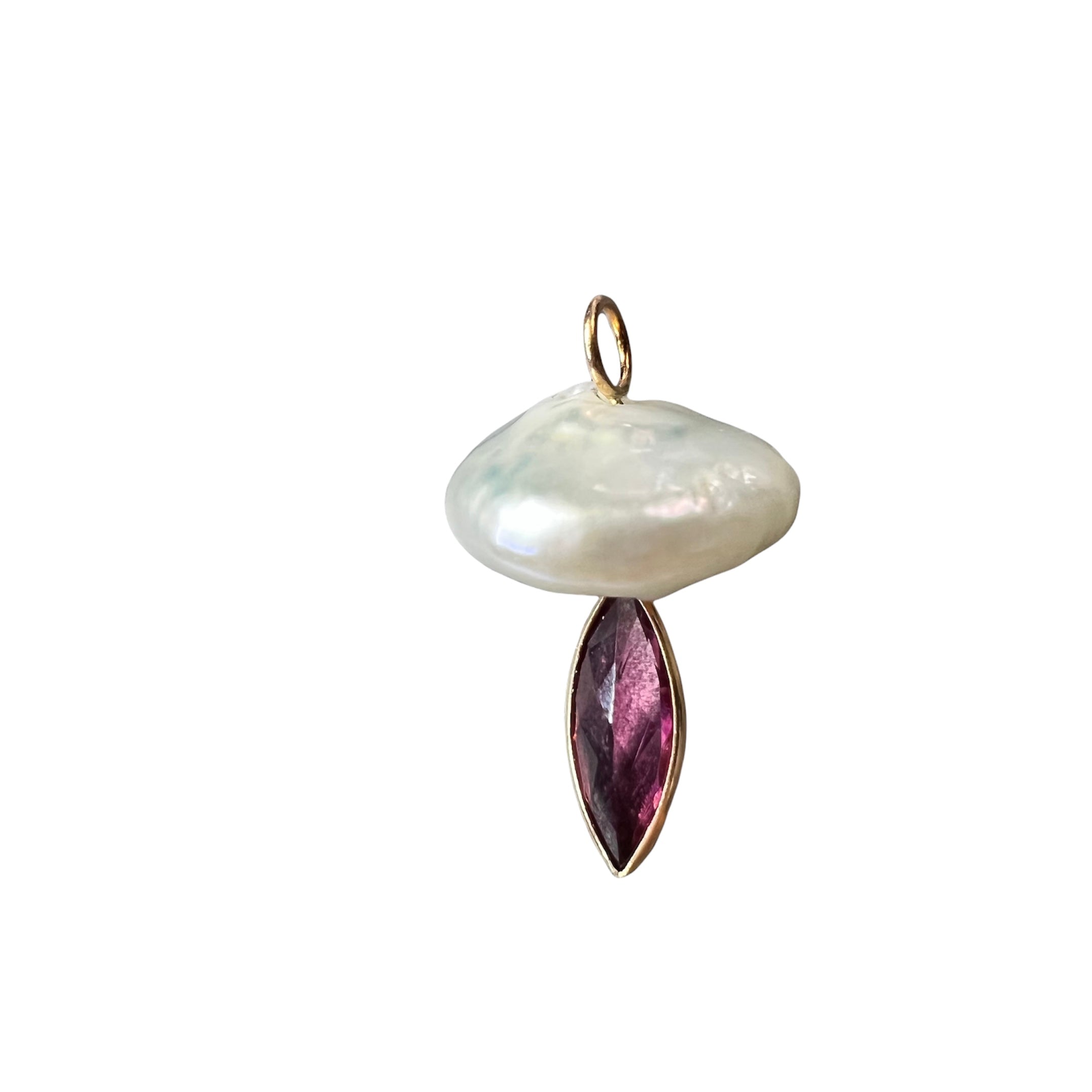 Natural Tourmaline and Pearl Mushroom 14K Yellow Gold Pendant Charm 24x14.50mm