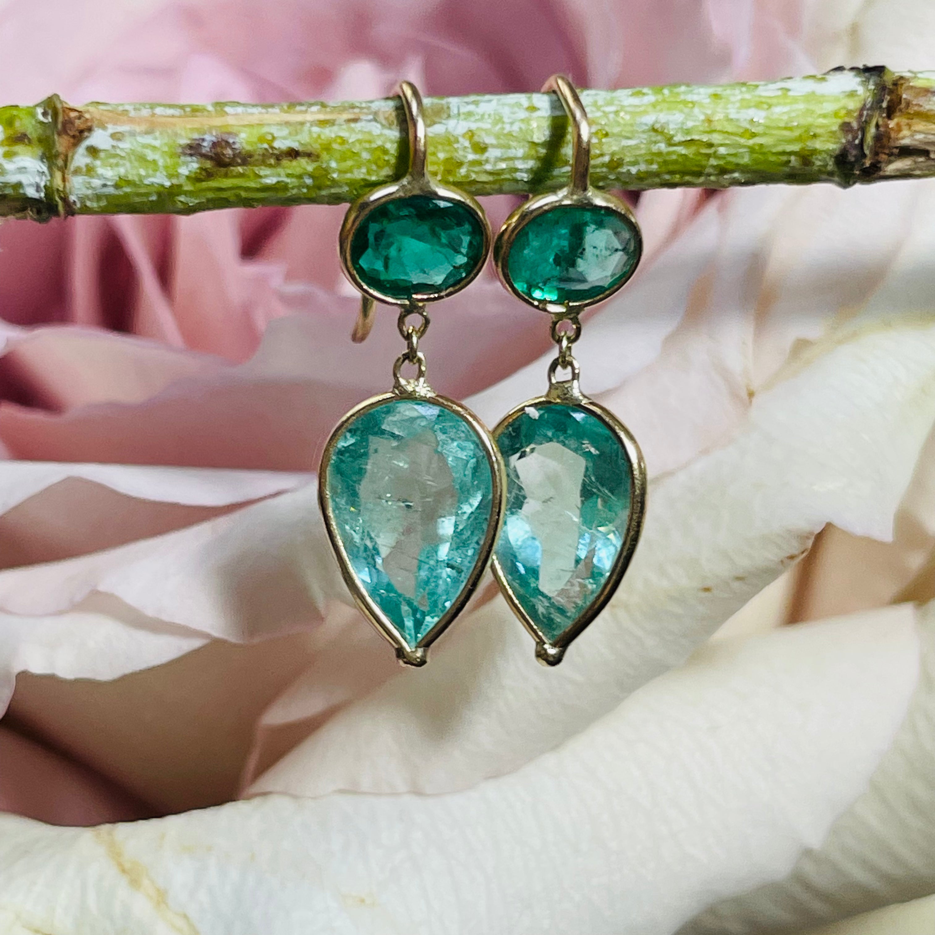 Natural Light and Dark Colombian Emerald 14K Yellow Gold Drop Earrings