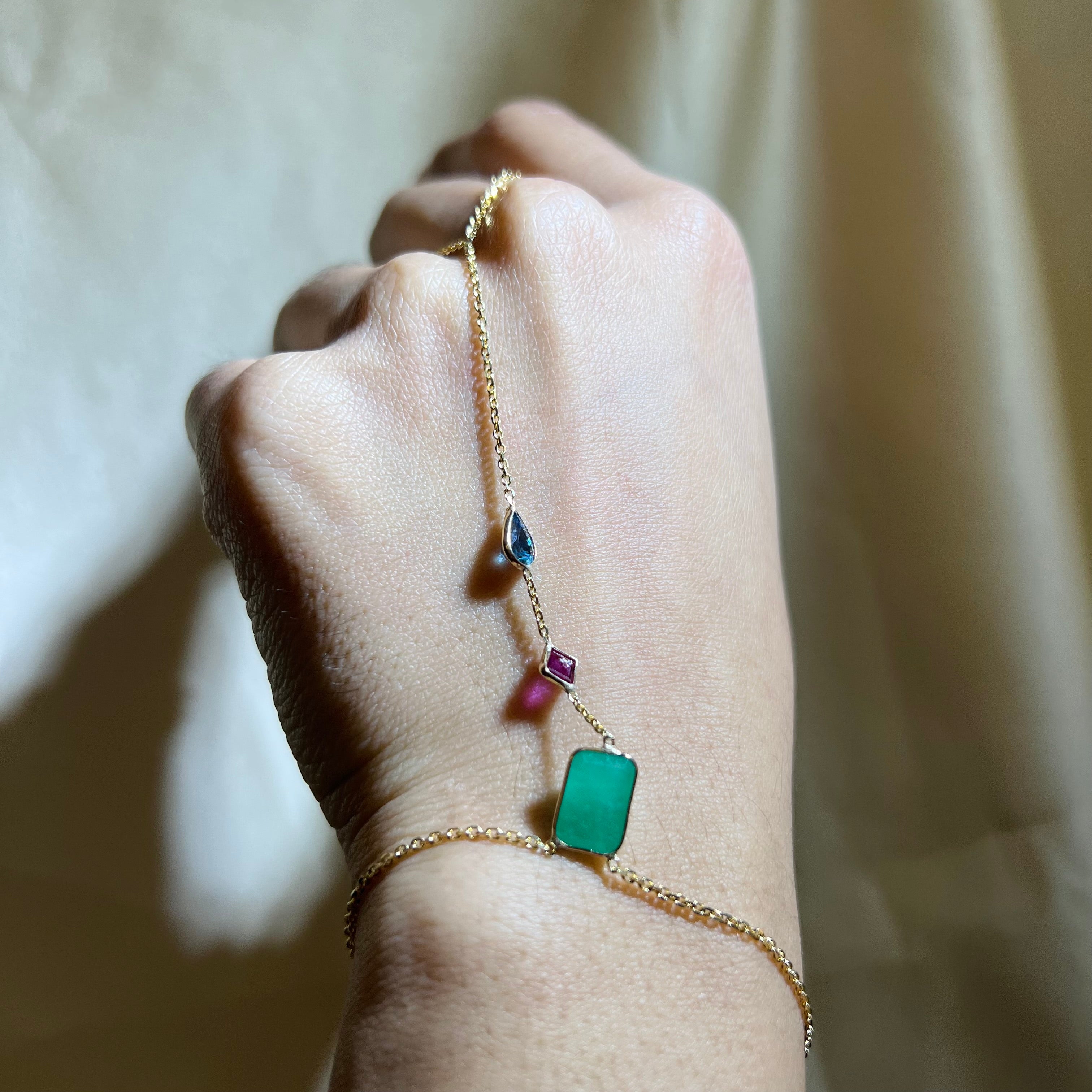 Emerald Ruby Sapphire Handchain Solid 14k Yellow Gold