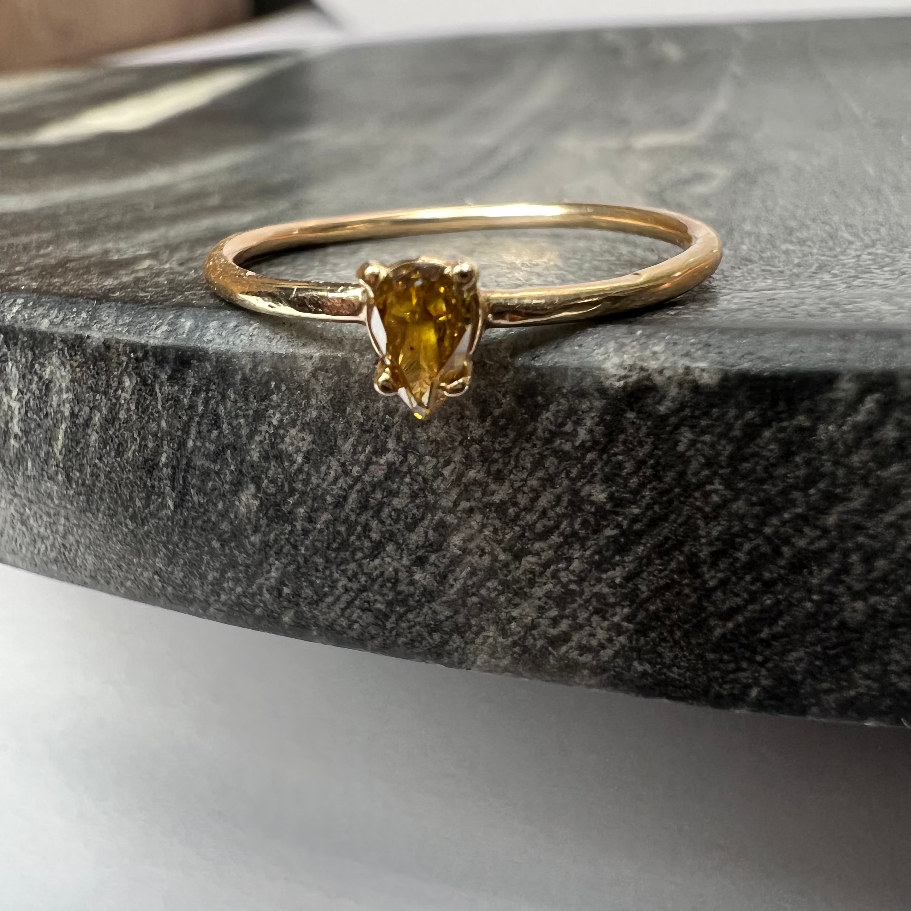 Solid 14K Yellow Gold Yellow Pear Diamond Dainty Ring Band Size 6.50