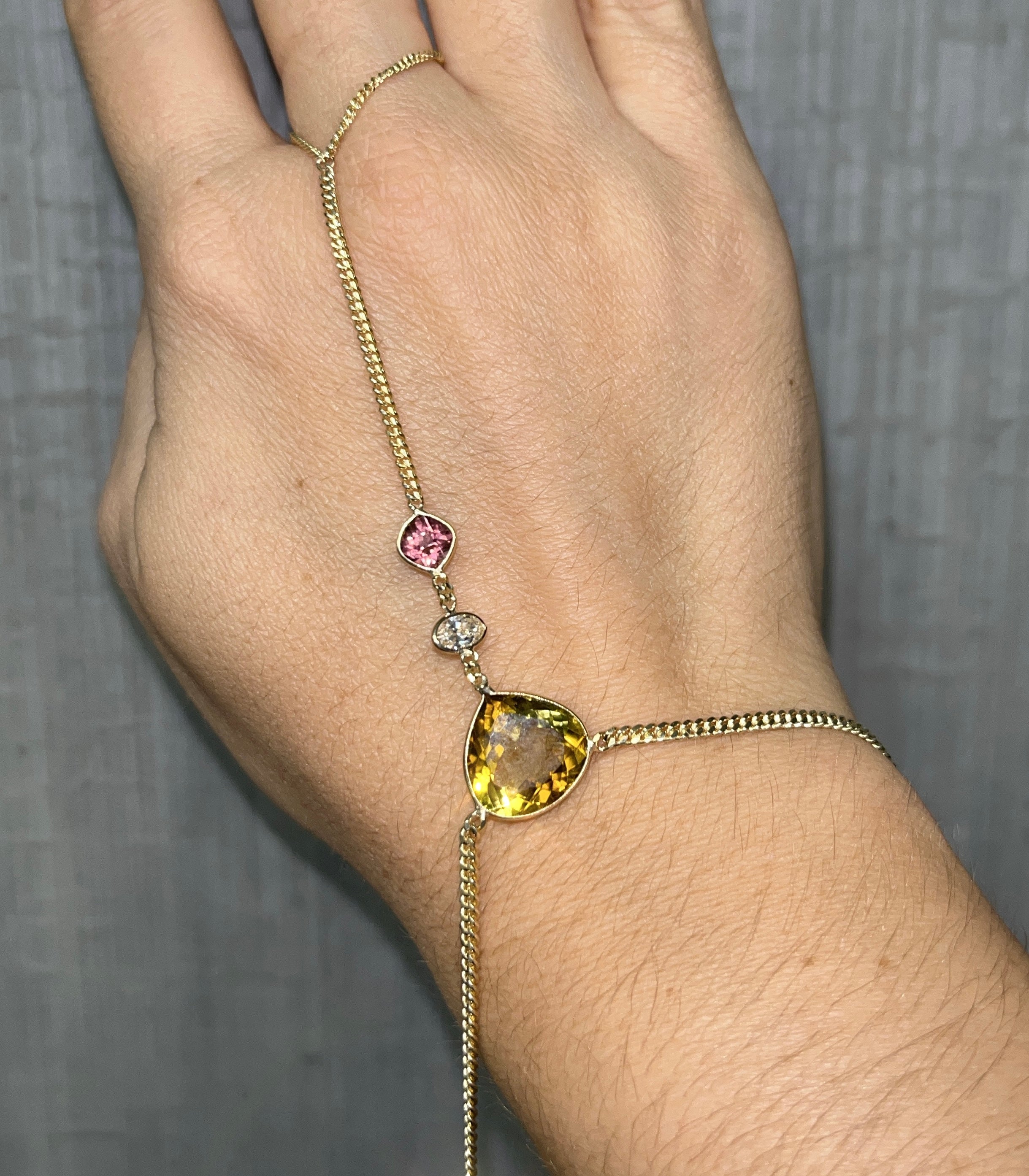Golden and Pink Tourmaline with a Diamond Hand Chain 14K Yellow Gold Curb Link