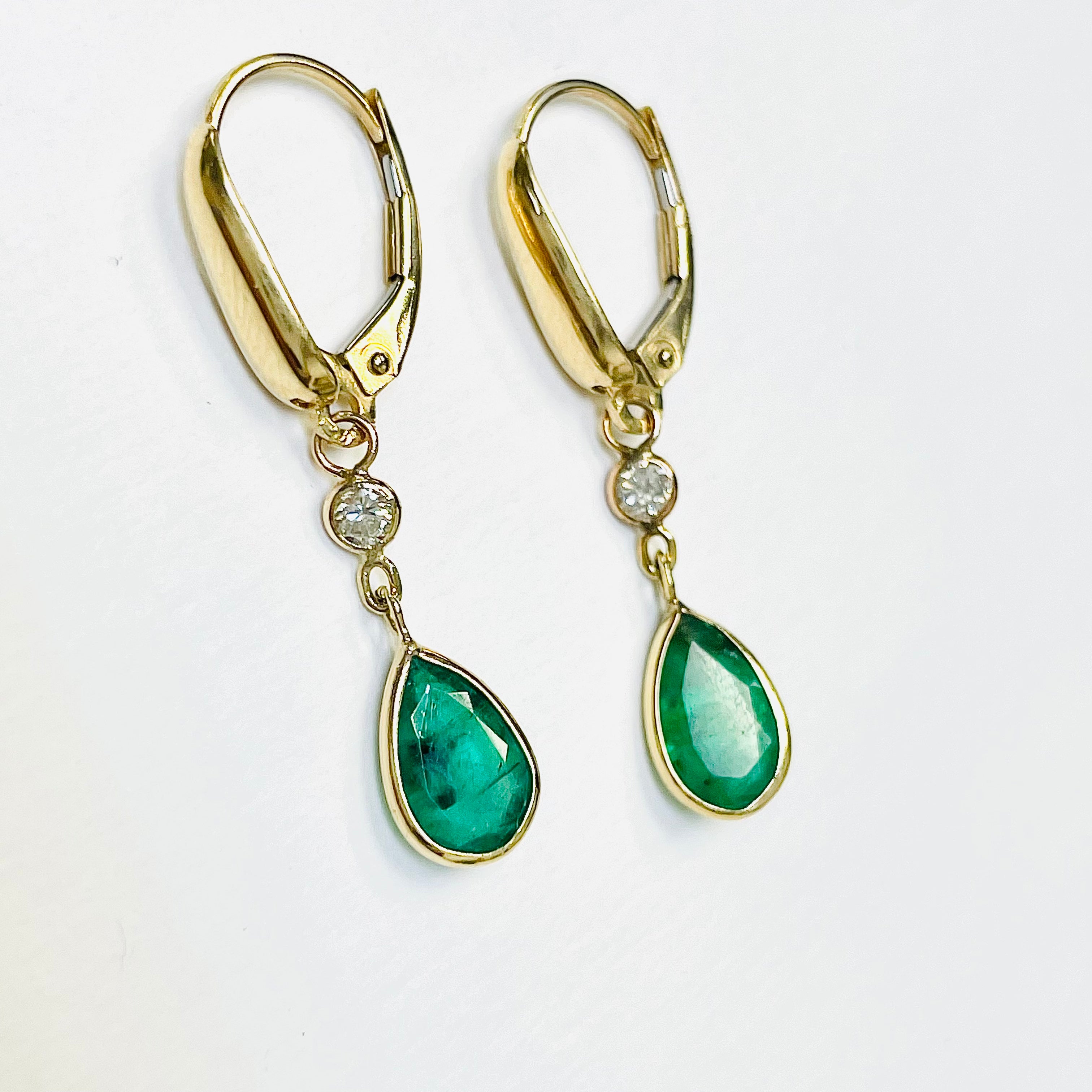 2CT Emerald and .10CT Diamond 14K Yellow Gold Lever Back Drop Down Earrings