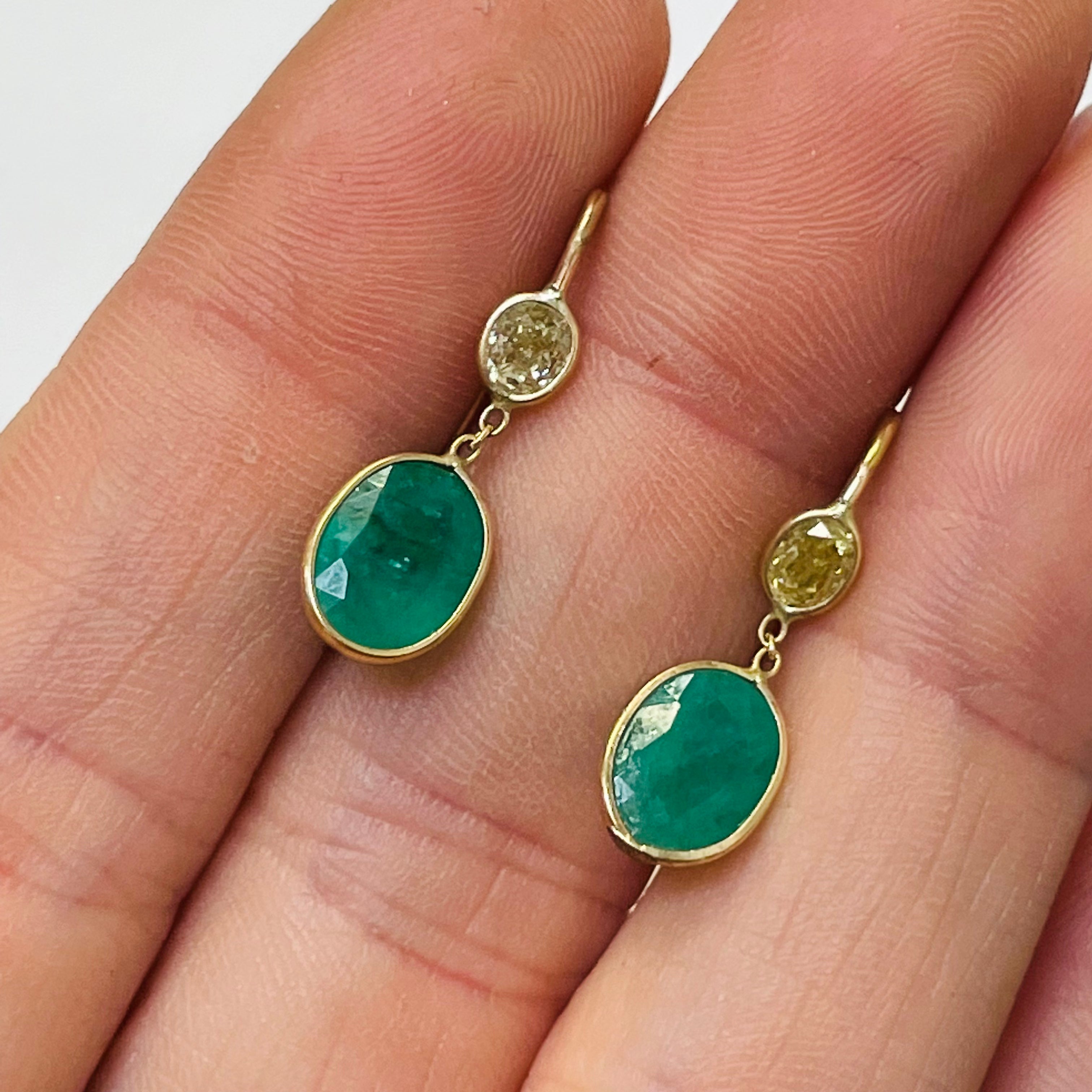 2.4CT Emerald and Yellow Oval Diamond 14K Yellow Gold Drop Down Earrings