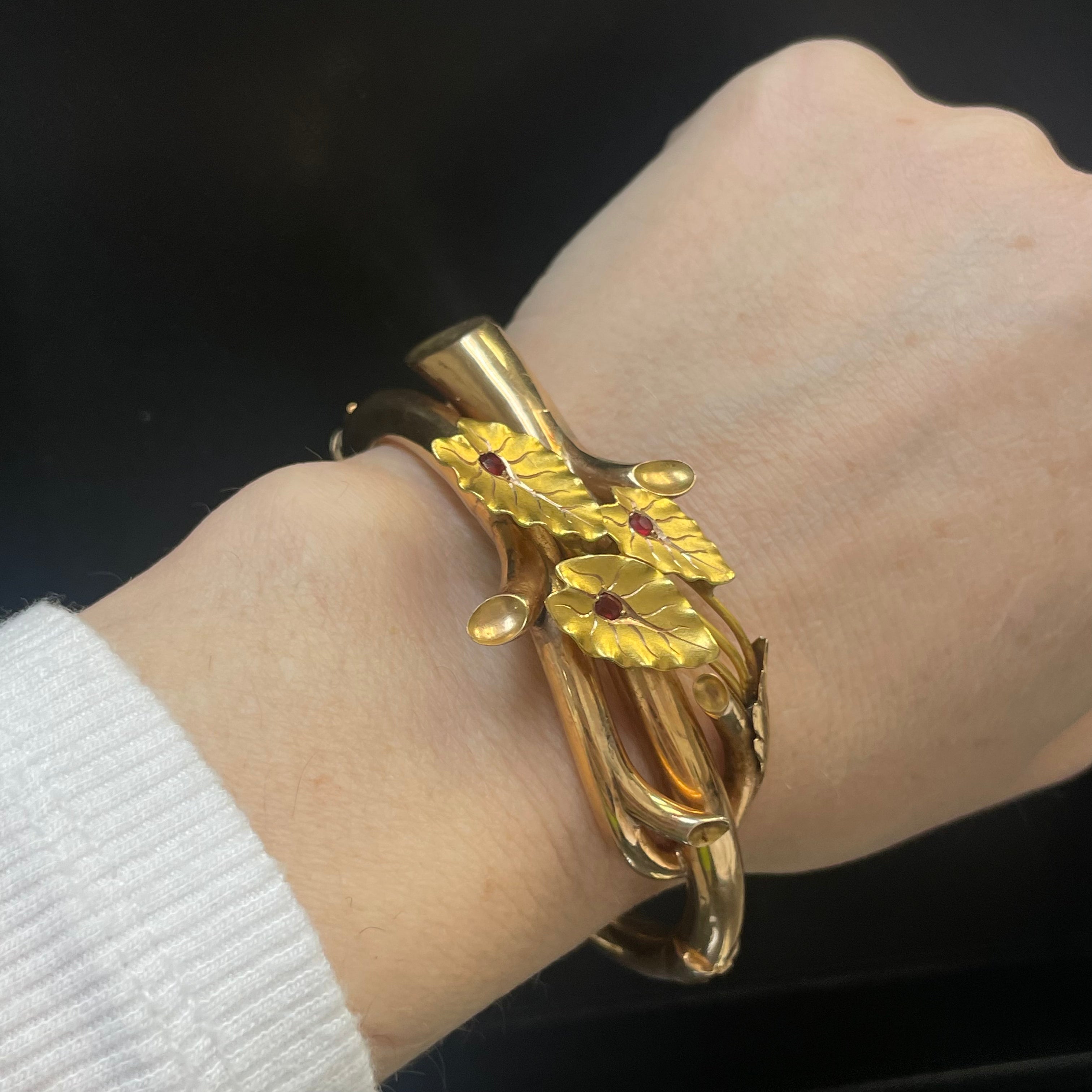 Antique 18K French Rose and Yellow Gold Burma Ruby Bangle Bracelet