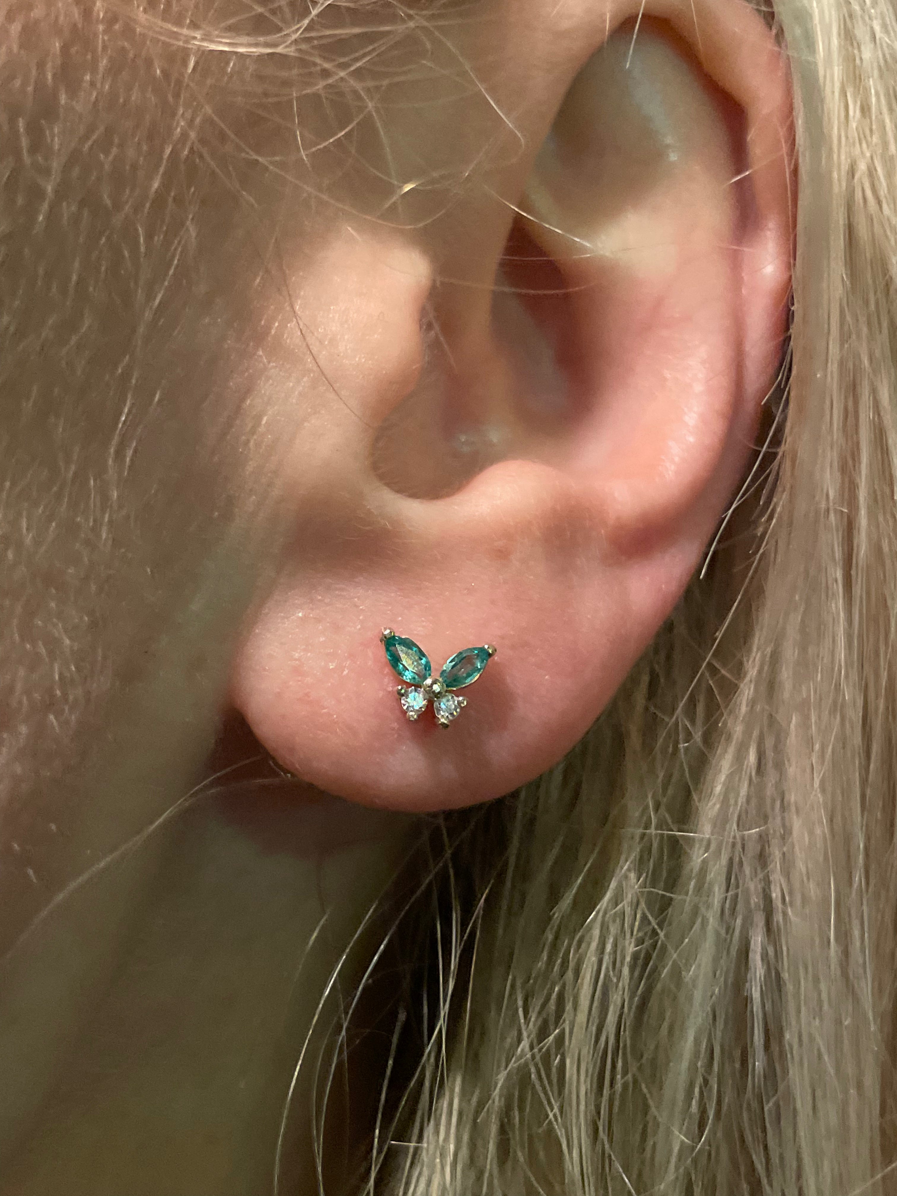 Natural Emerald and Diamond Solid 14K Yellow Gold Butterfly Stud Earrings