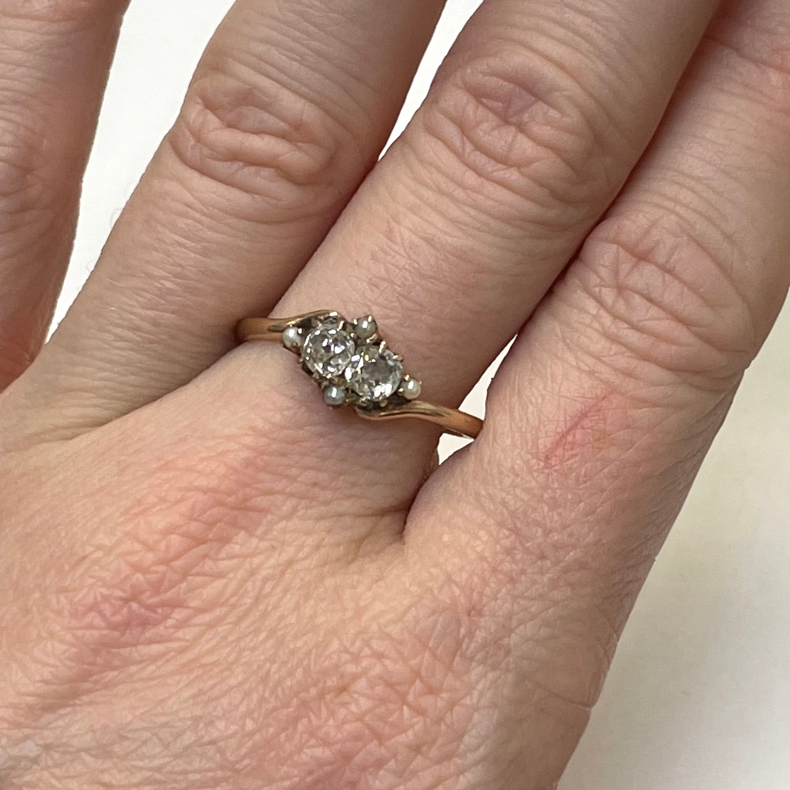 Victorian OMC Double Diamond Pearl Ring Size 8.5