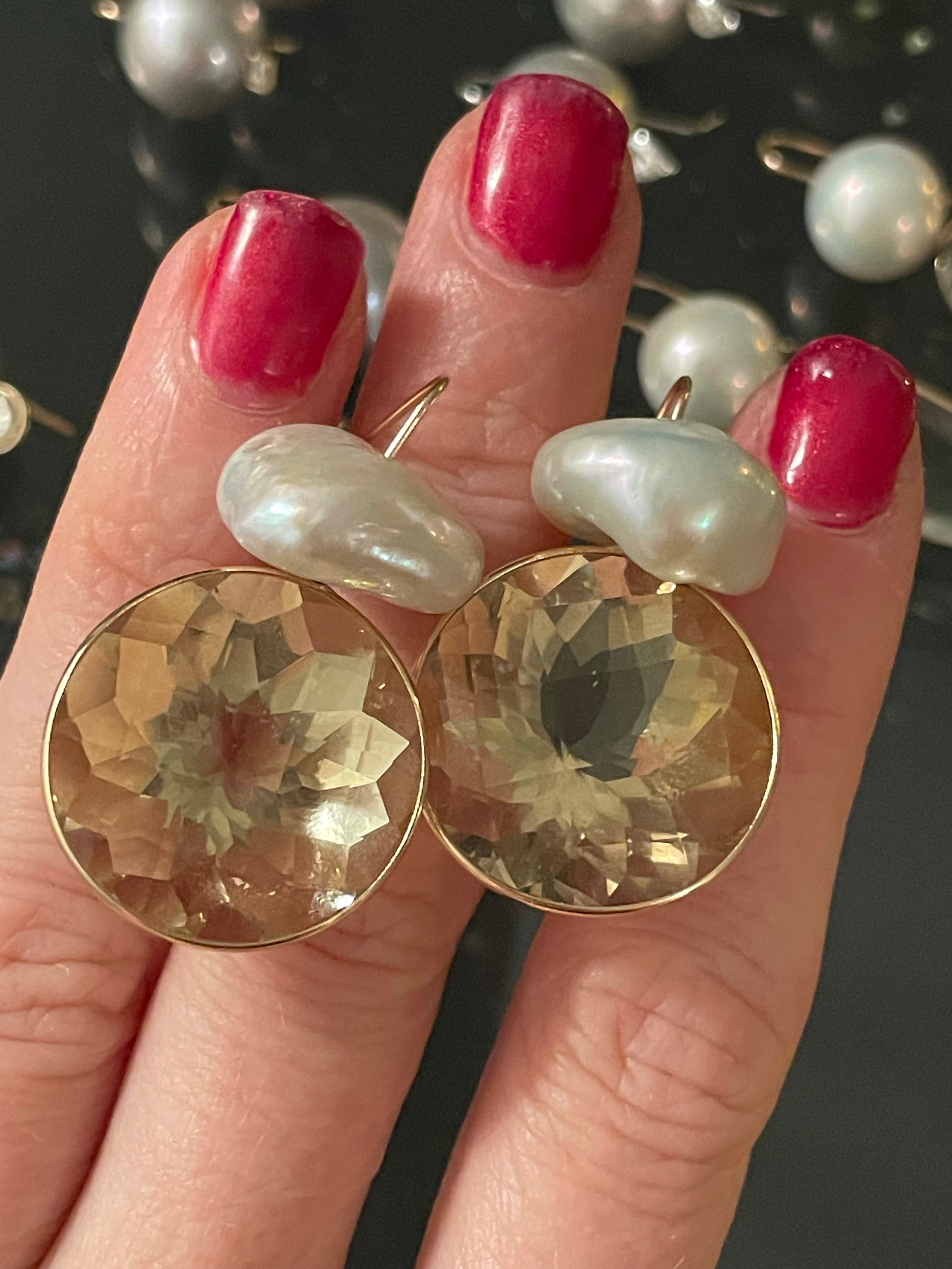 Unique Baroque Pearl and Lemon Quartz 14K Gold Earrings