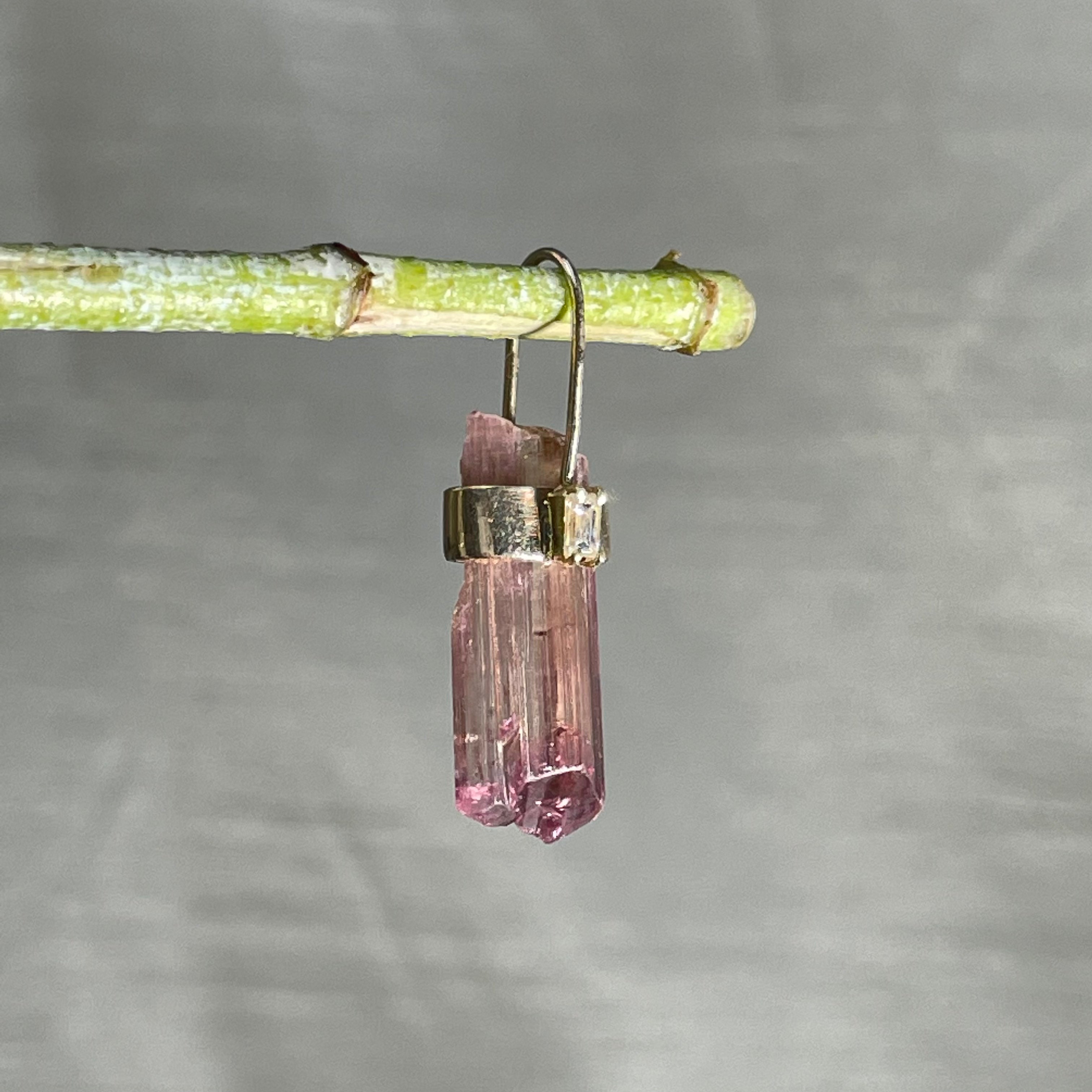 Rough Pink Tourmaline and Diamond 14K Yellow Gold Amulet
