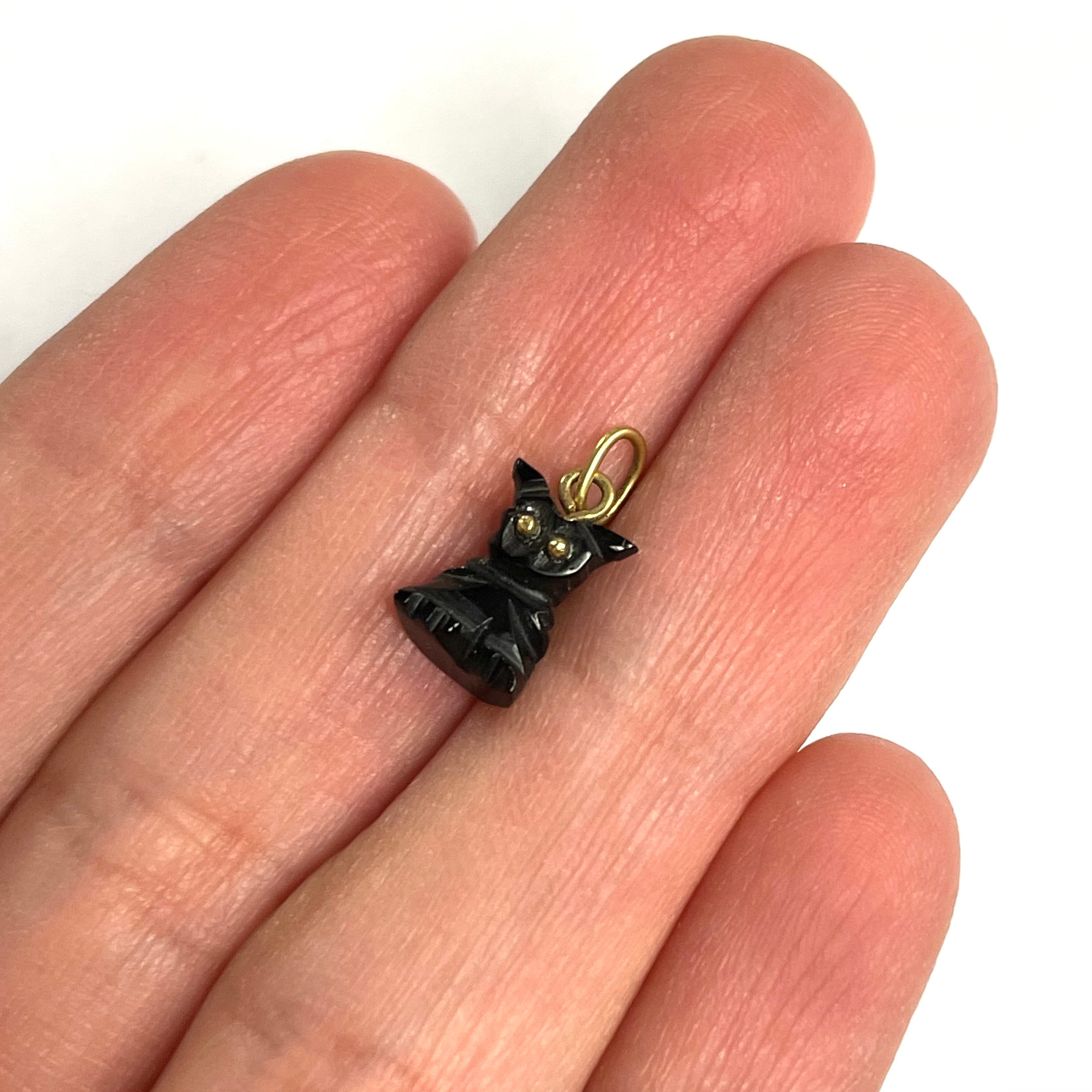 14K Yellow Gold Natural Jet Black Owl Charm