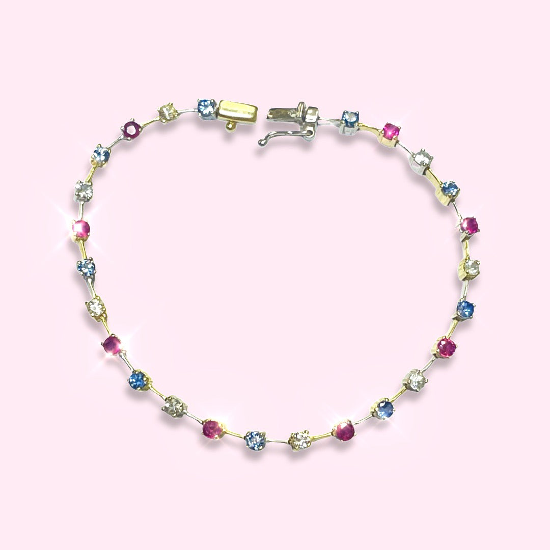 Red White and Blue Sapphire and Ruby Two Tone 14K White and Yellow Gold Bracelet