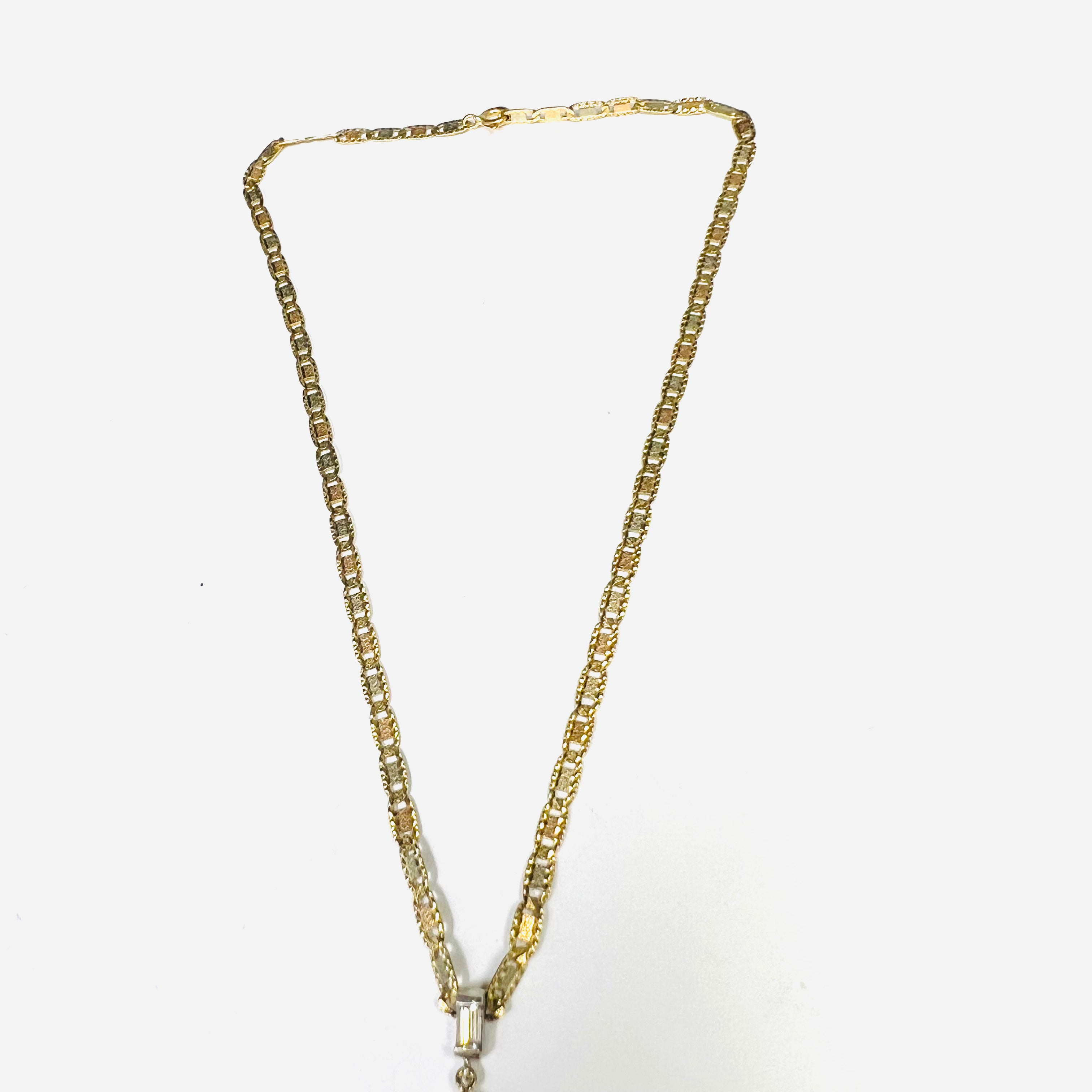 Striped Agate Baguette Diamond Rose and Yellow Gold Necklace 12"